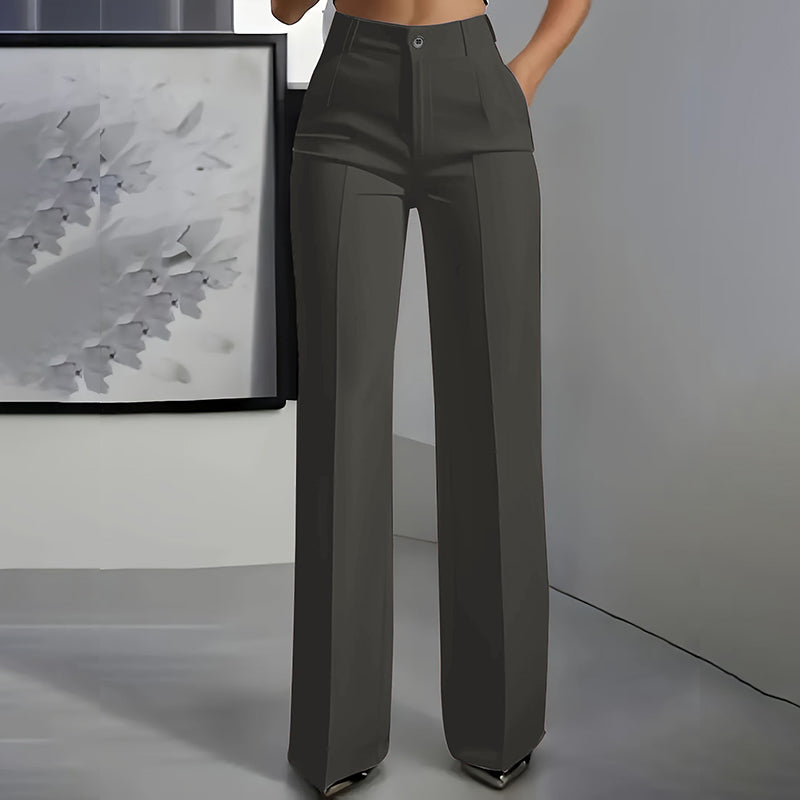 Women's high-waisted wide-leg suit trousers with front pockets and tailored panel detailing