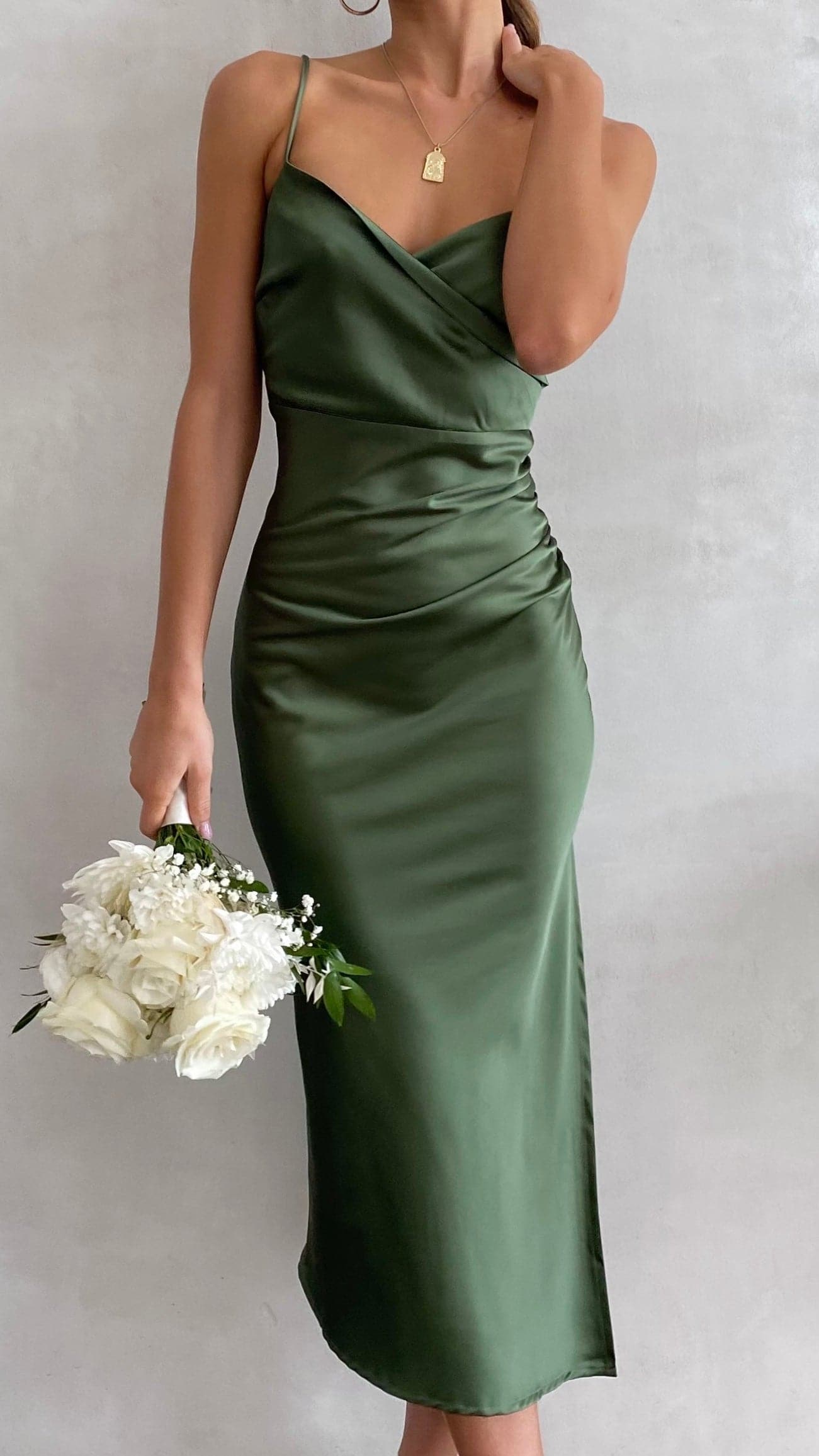 Women's Cowl Neck Midi Dress Ruched Side Split Strap Fit | Olive Green