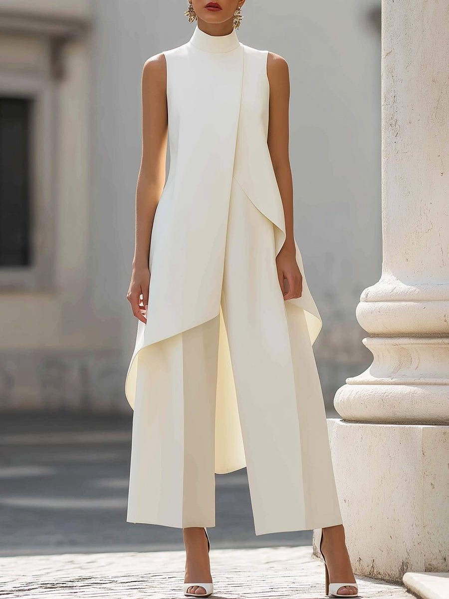 Women's sleeveless asymmetric mock neck top with wide-leg trousers