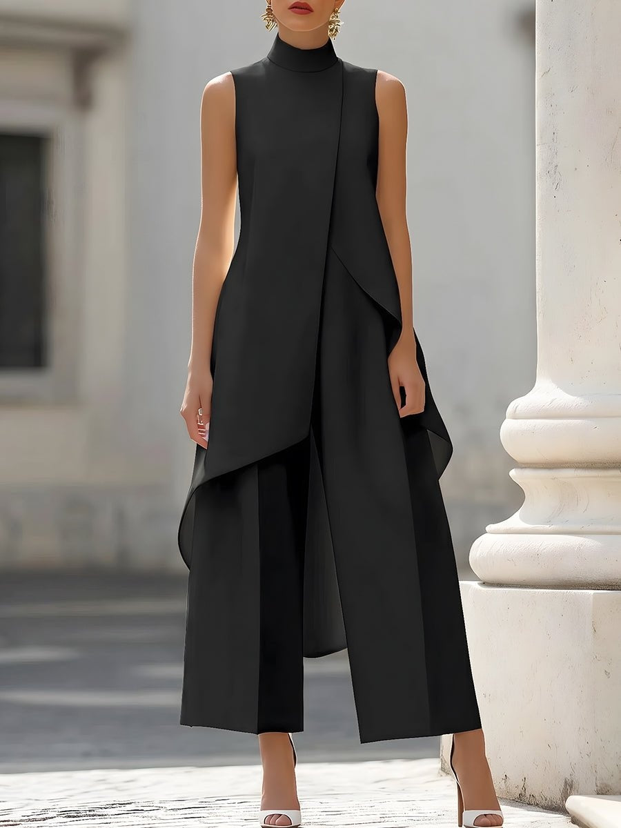 Women's sleeveless asymmetric mock neck top with wide-leg trousers