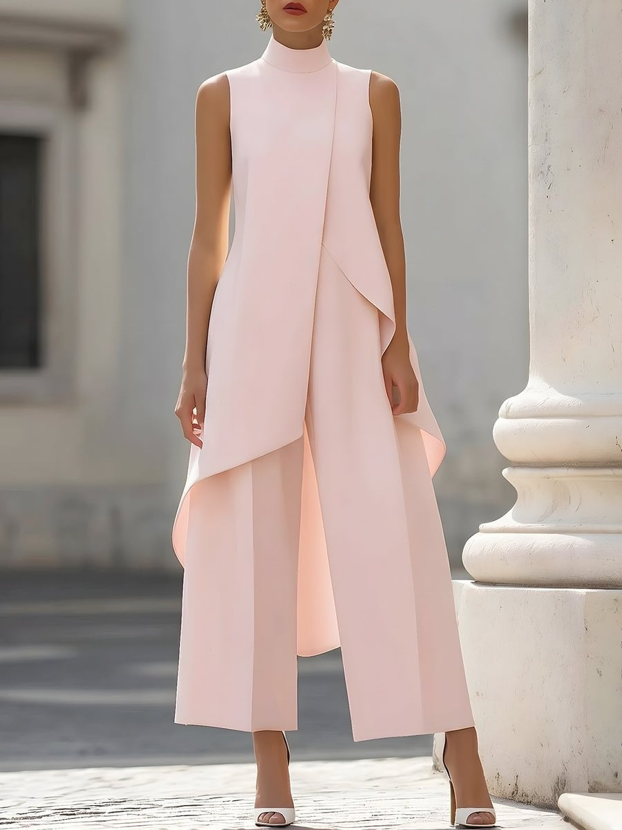 Women's sleeveless asymmetric mock neck top with wide-leg trousers