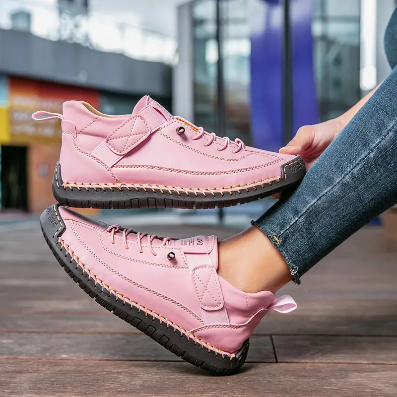 Women's Leather Sneakers Lace-Up Stitch Detail - Pink