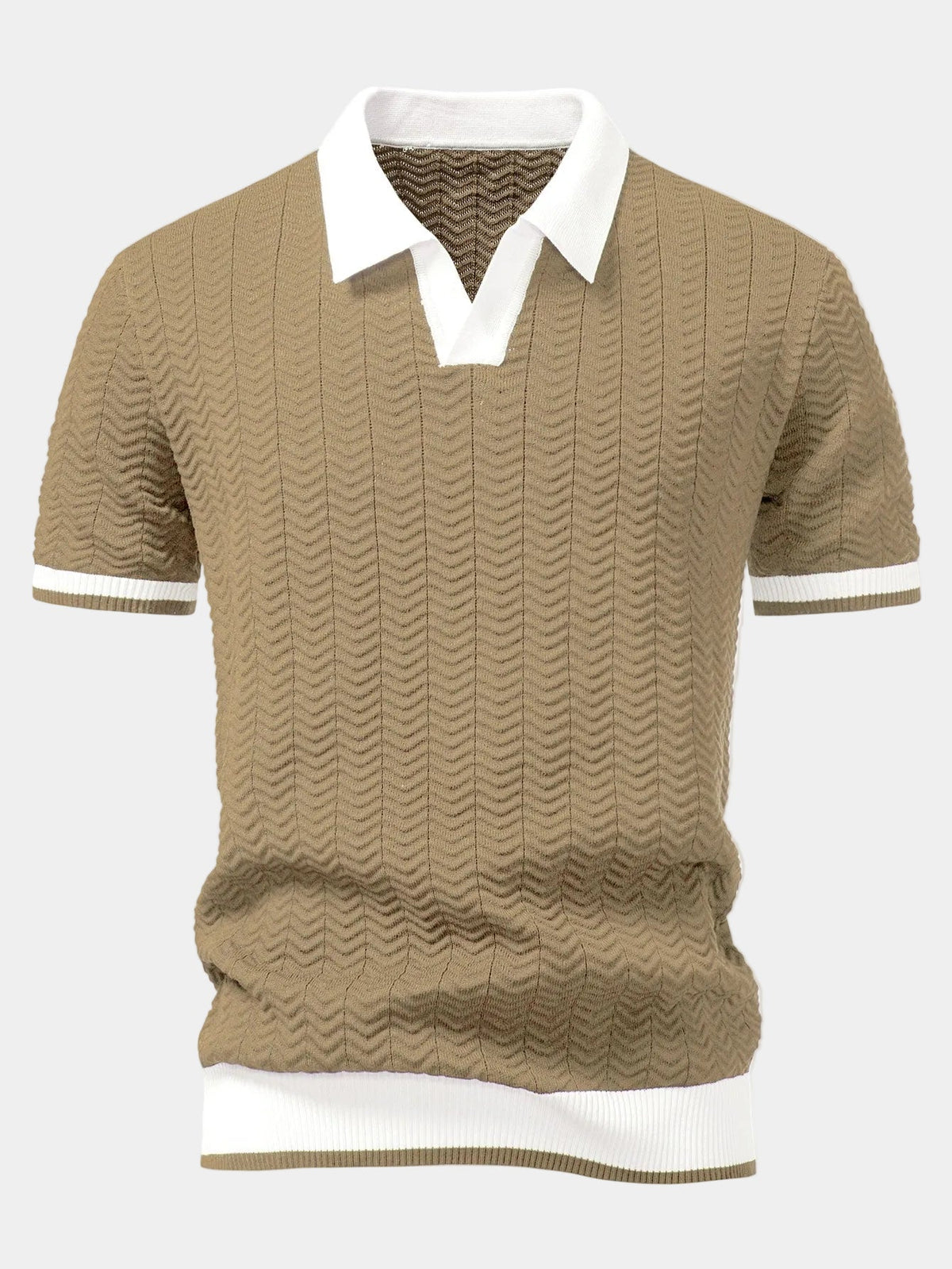 Men's short-sleeved textured knit polo shirt with contrast collar and ribbed trims