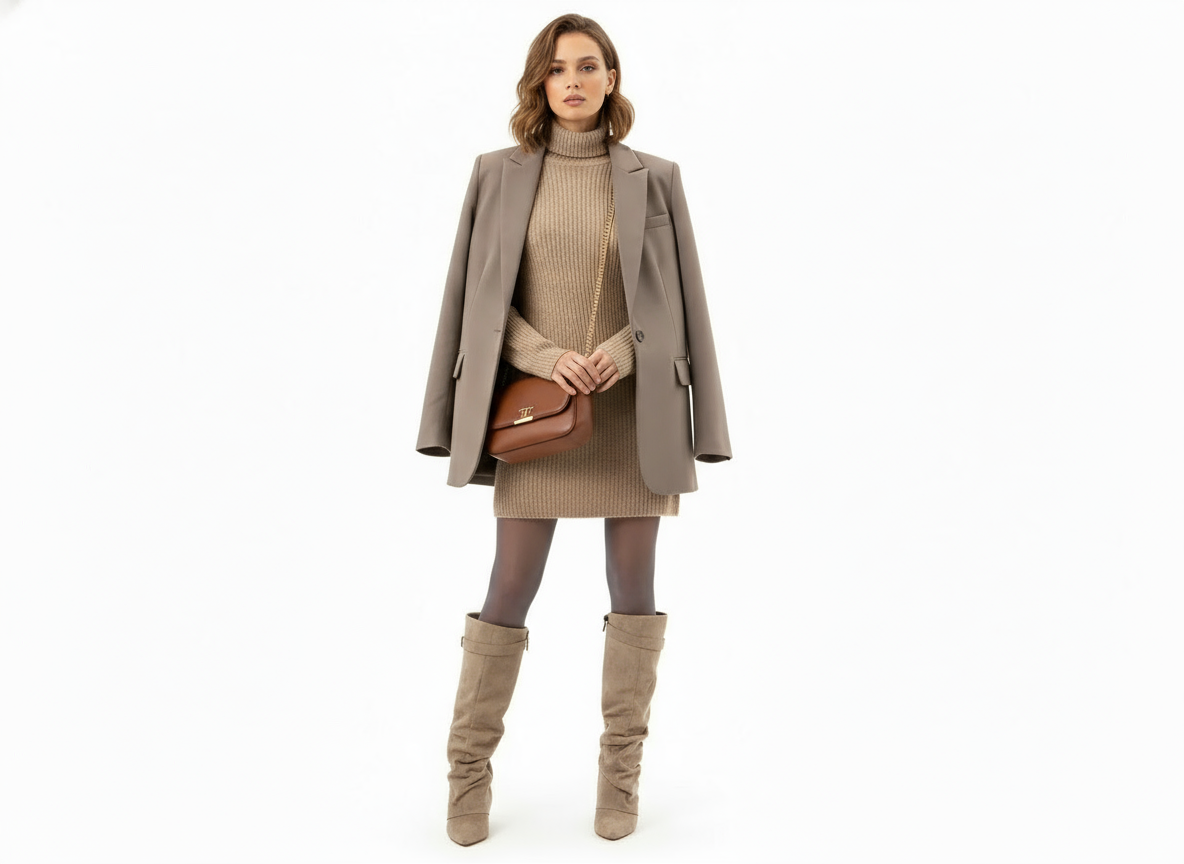 Women's slouch knee-high boots with pointed toes, low heels and buckle strap detail