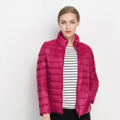 Women's quilted jacket with high collar, long sleeves and zip front