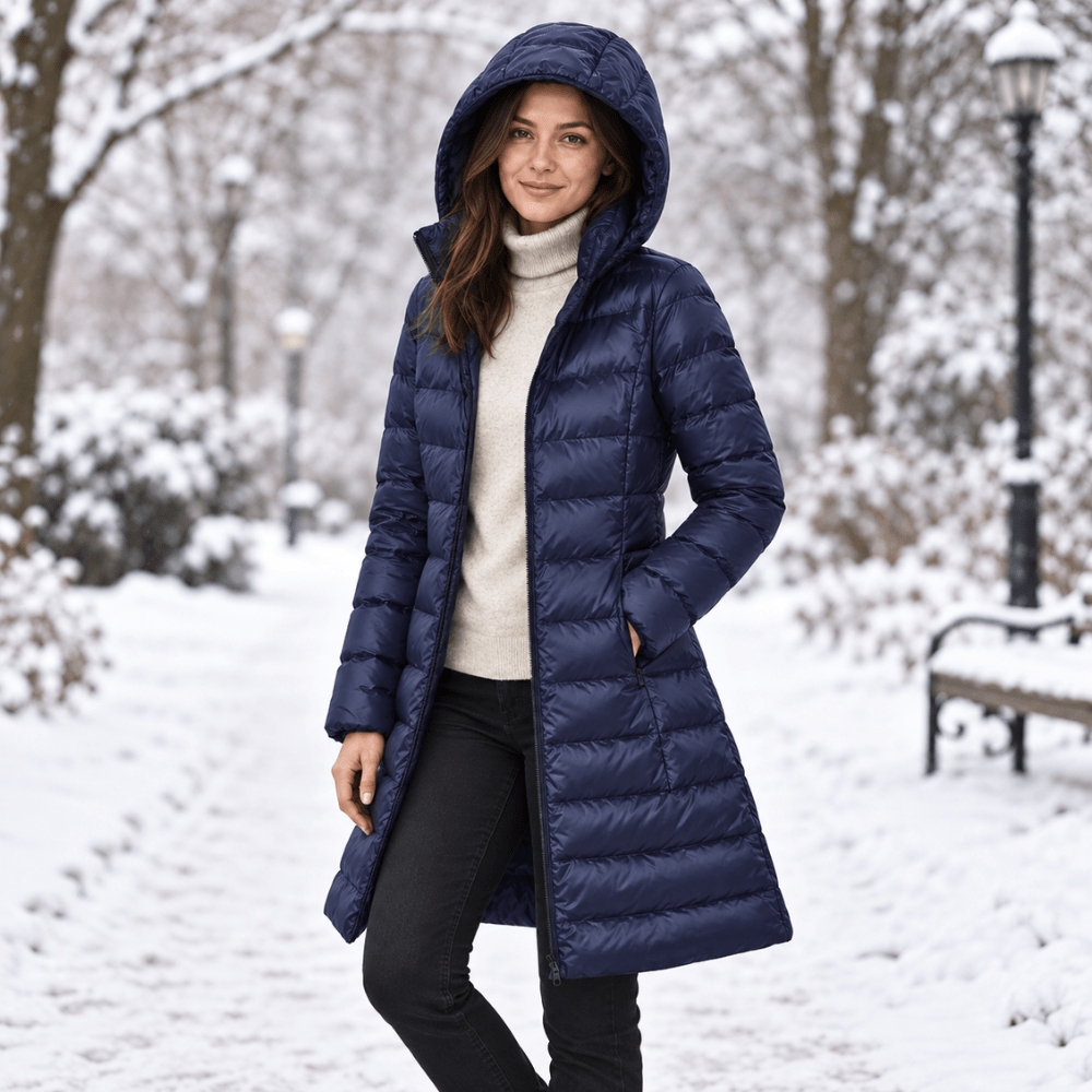 Women's longline quilted puffer coat with hood and zip front