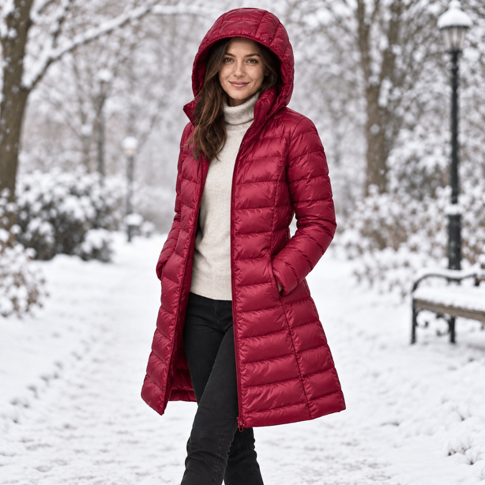 Women's longline quilted puffer coat with hood and zip front