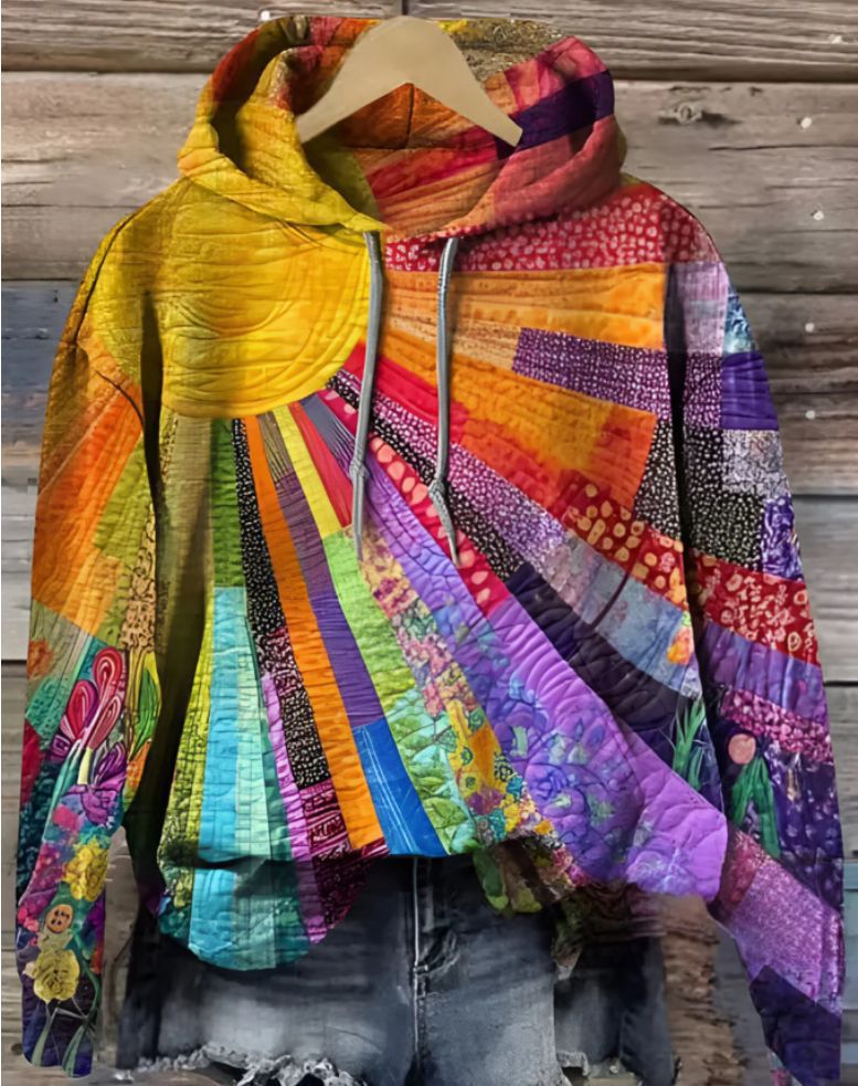Women's multicolour patchwork hooded hoodie with long sleeves