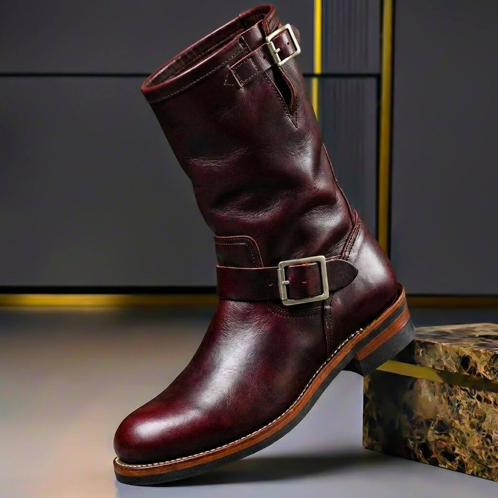 Men's tall boots with rounded toes, low heels and buckle straps