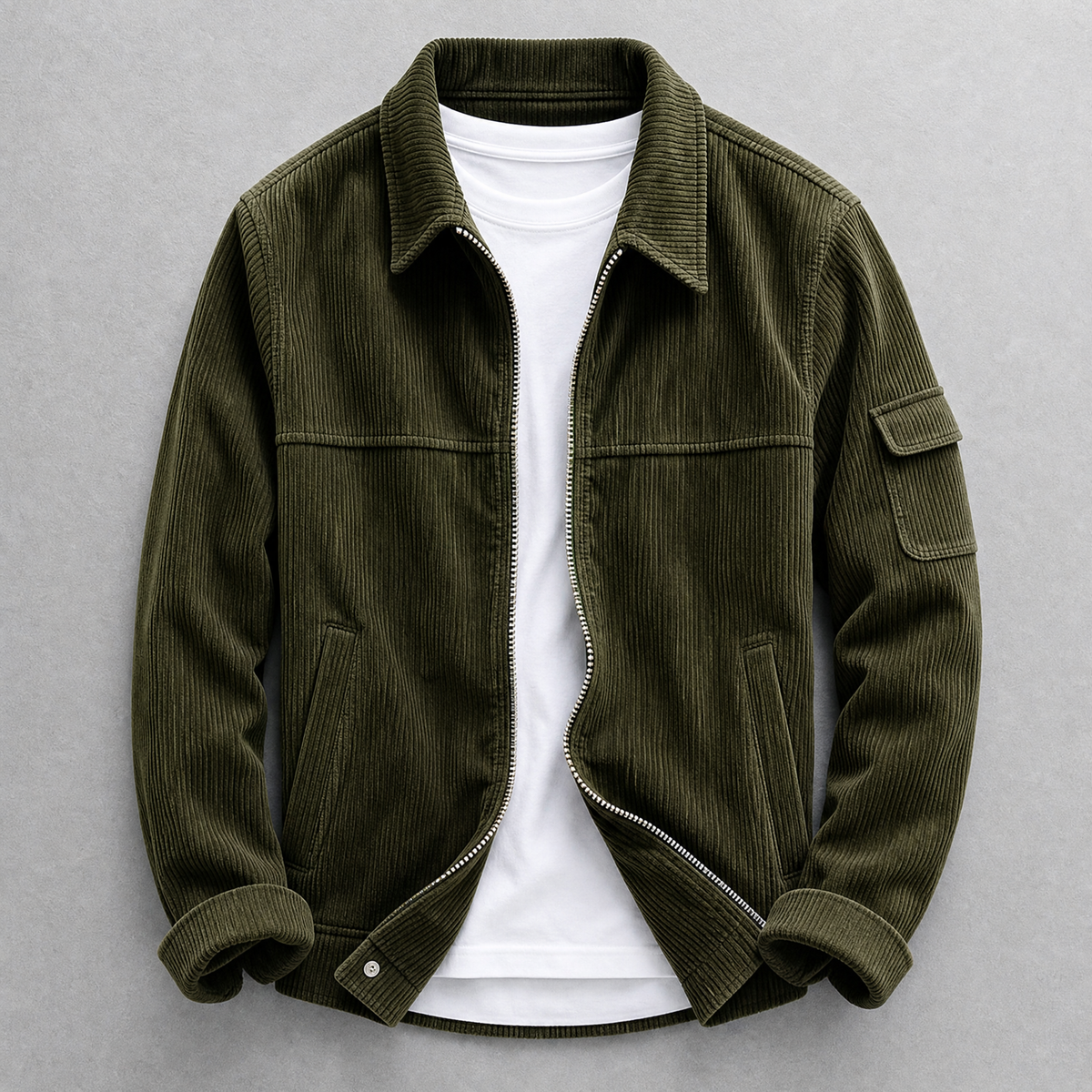 Men's ribbed corduroy jacket with collar, zip front and sleeve pocket