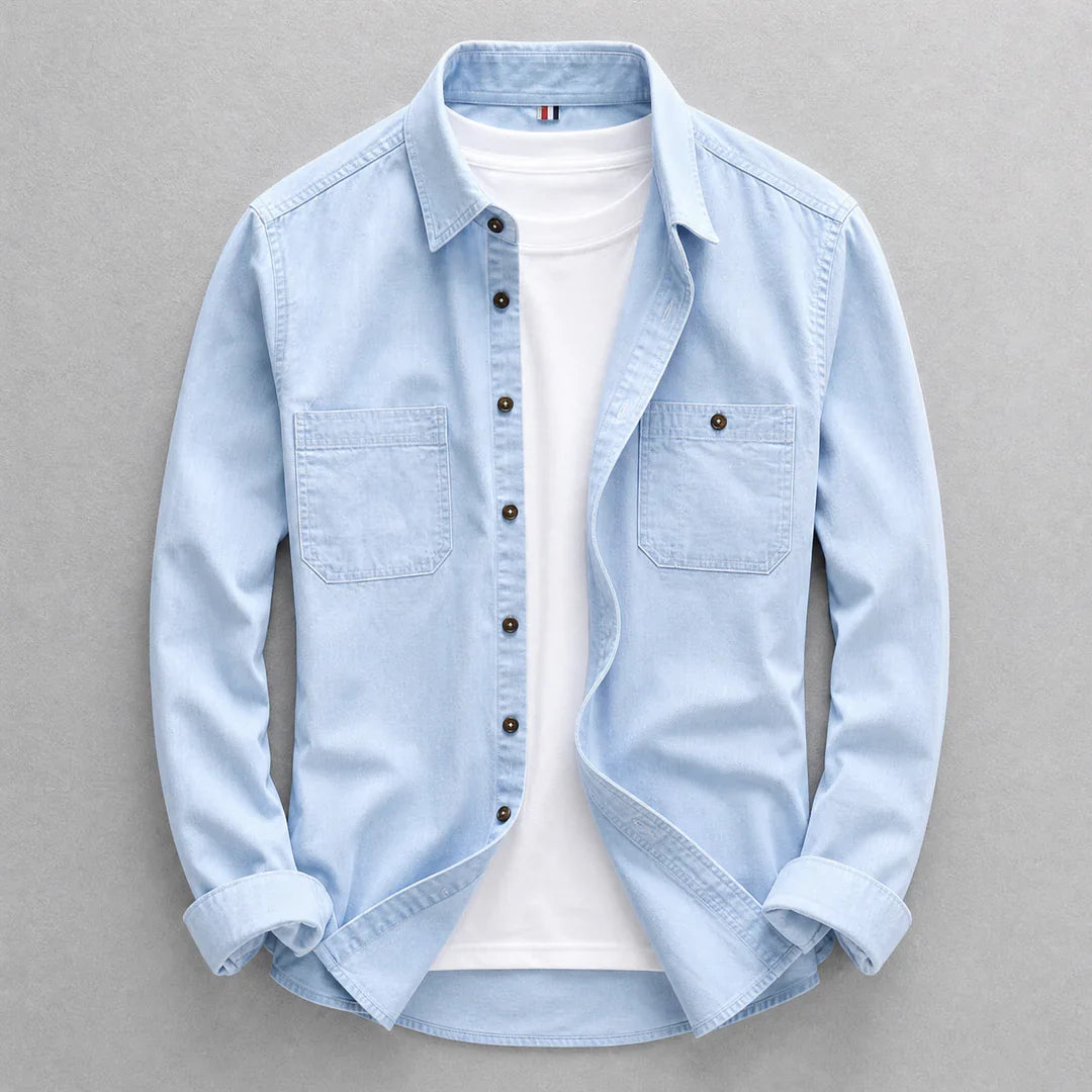 Men's long-sleeve denim shirt with pointed collar, button front and two chest pockets