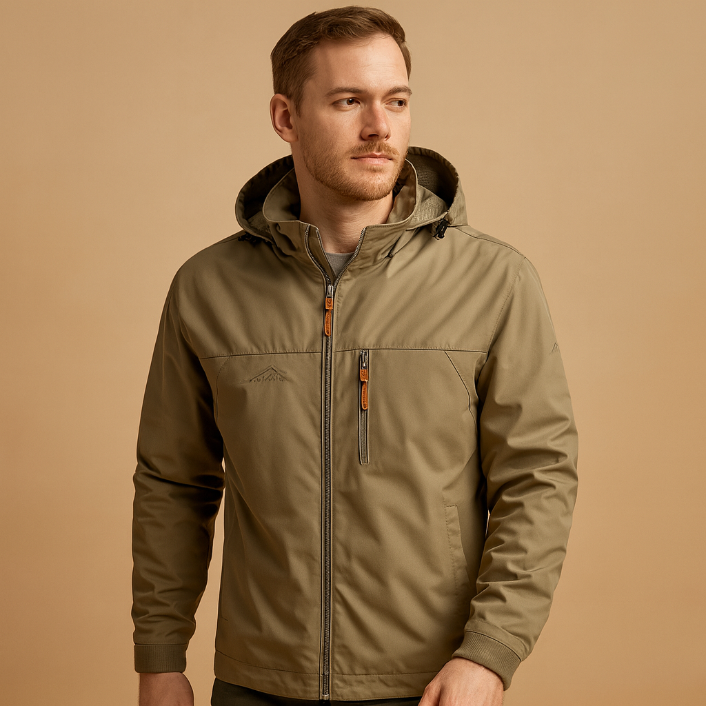Men's hooded full-zip jacket with long sleeves and zipped pockets