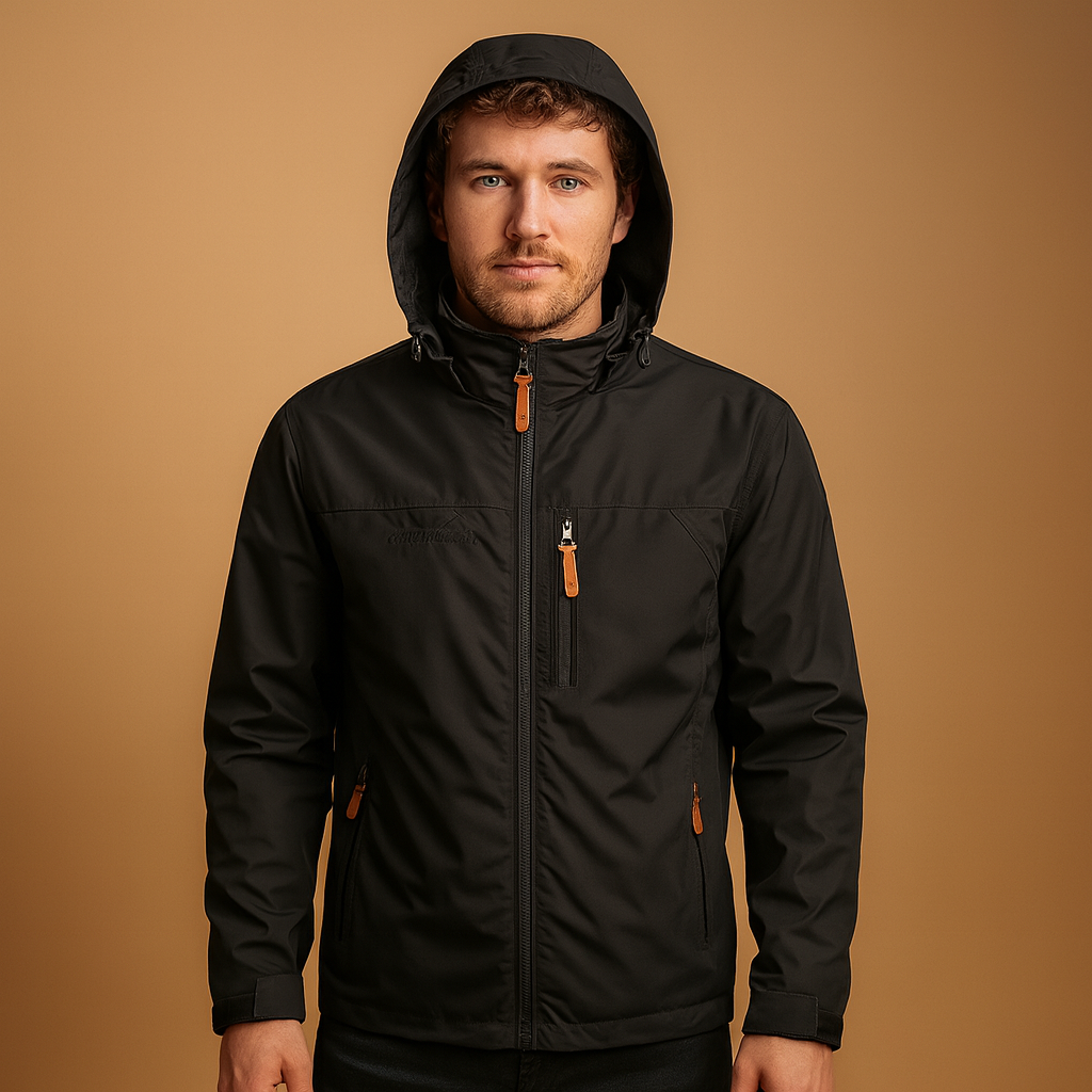 Men's hooded full-zip jacket with long sleeves and zipped pockets