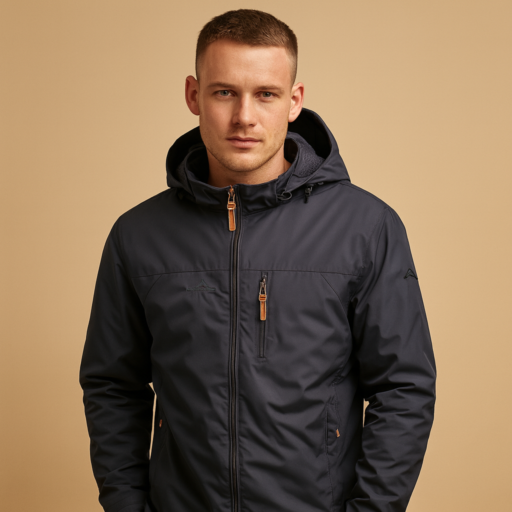 Men's hooded full-zip jacket with long sleeves and zipped pockets