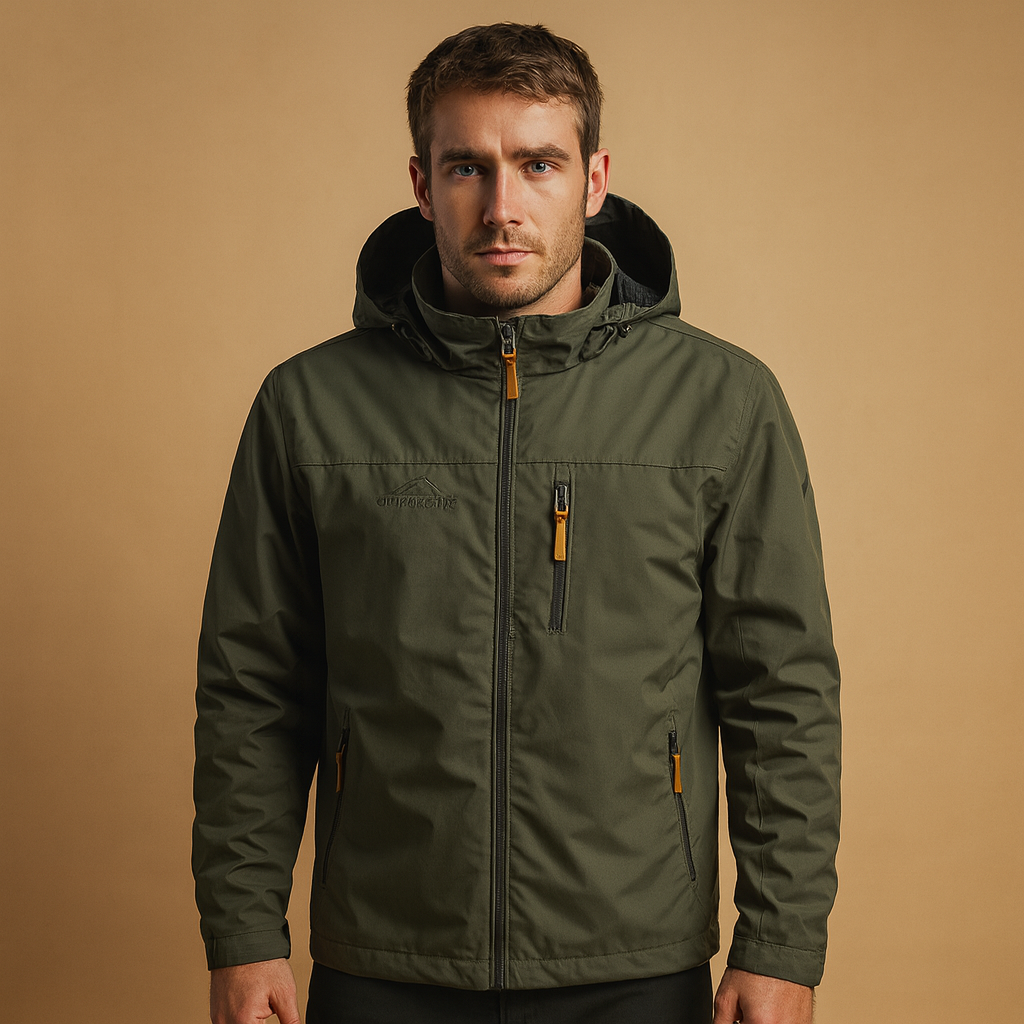 Men's hooded full-zip jacket with long sleeves and zipped pockets