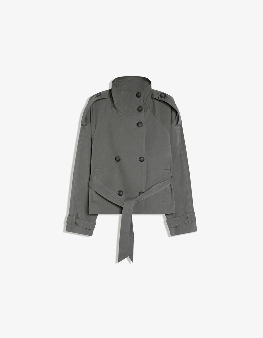 Women's cropped belted trench coat with high collar and long sleeves