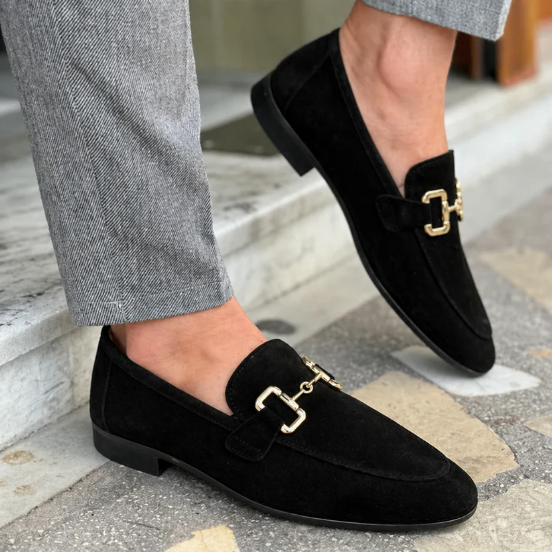 Men's plain buckle loafers with almond toes and low flat heels