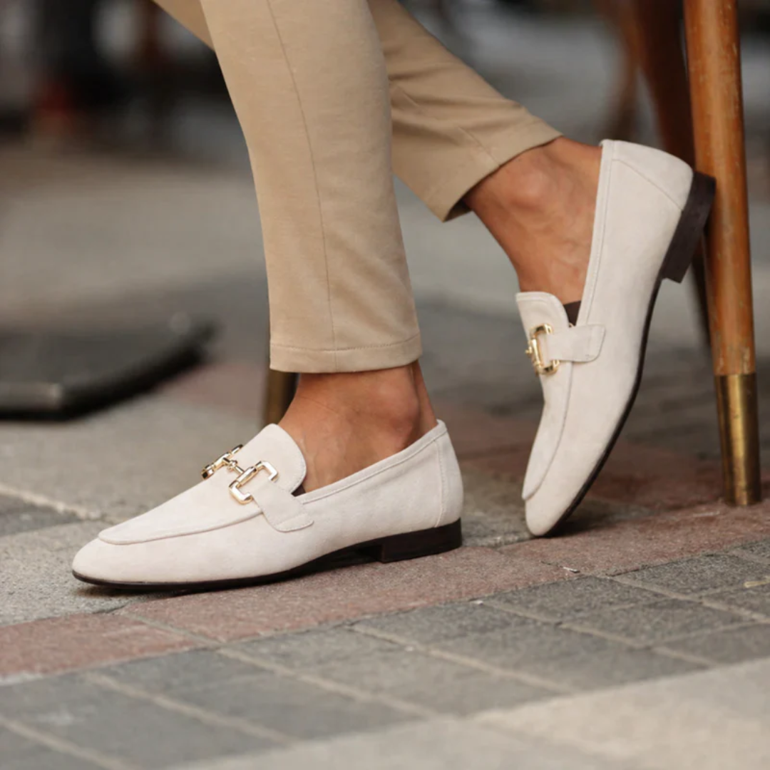 Men's plain buckle loafers with almond toes and low flat heels