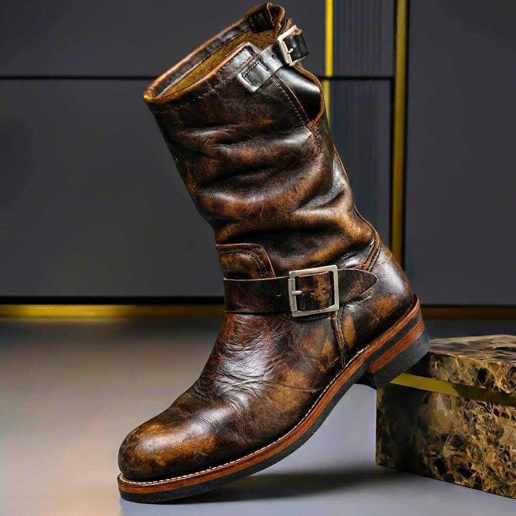 Men's tall boots with rounded toes, low heels and buckle straps