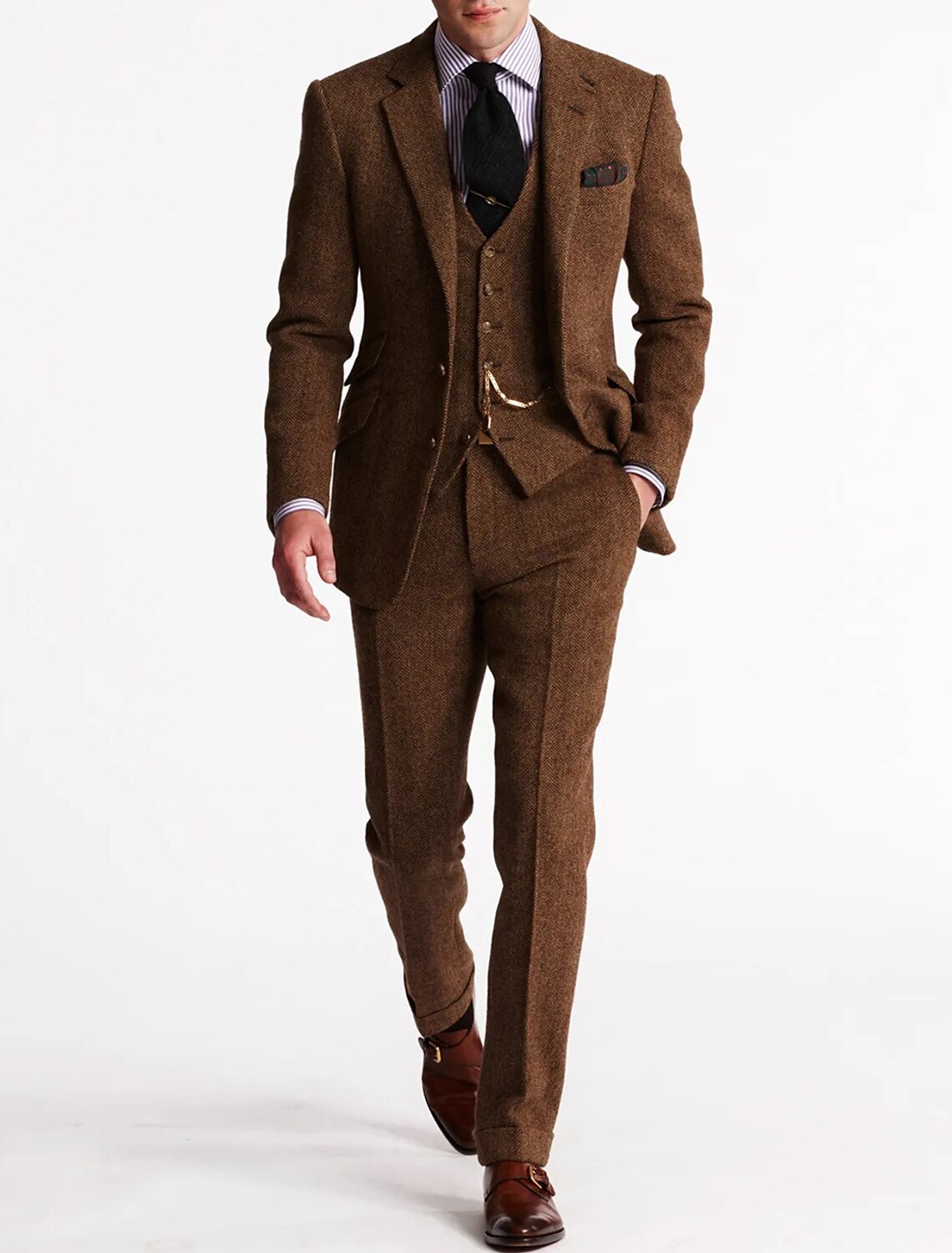Men's slim fit herringbone three-piece suit with tailored jacket, waistcoat and trousers