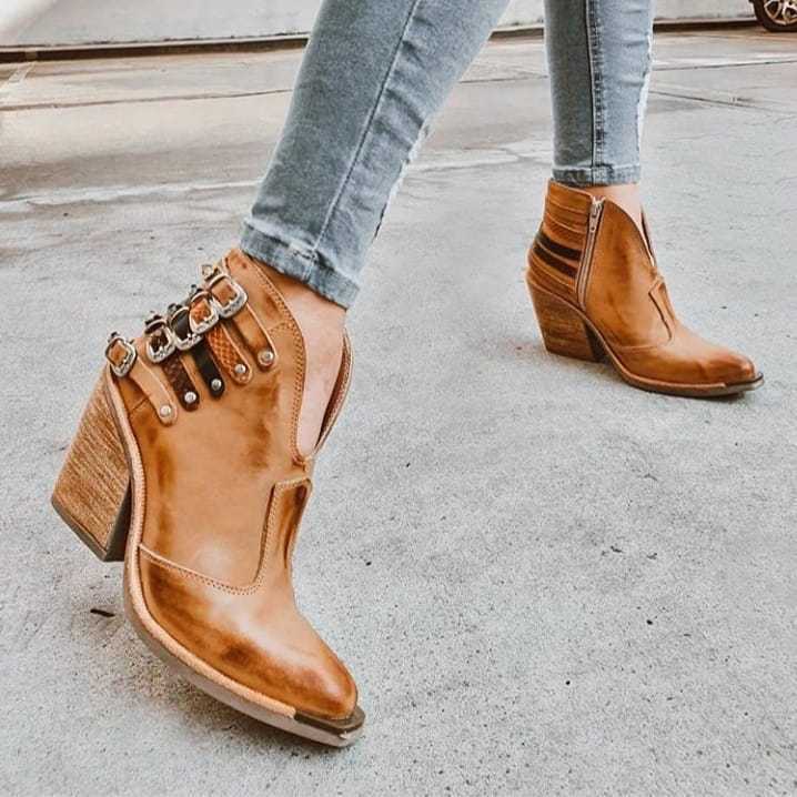 Women's ankle boots with buckle straps, pointed toes and high block heels