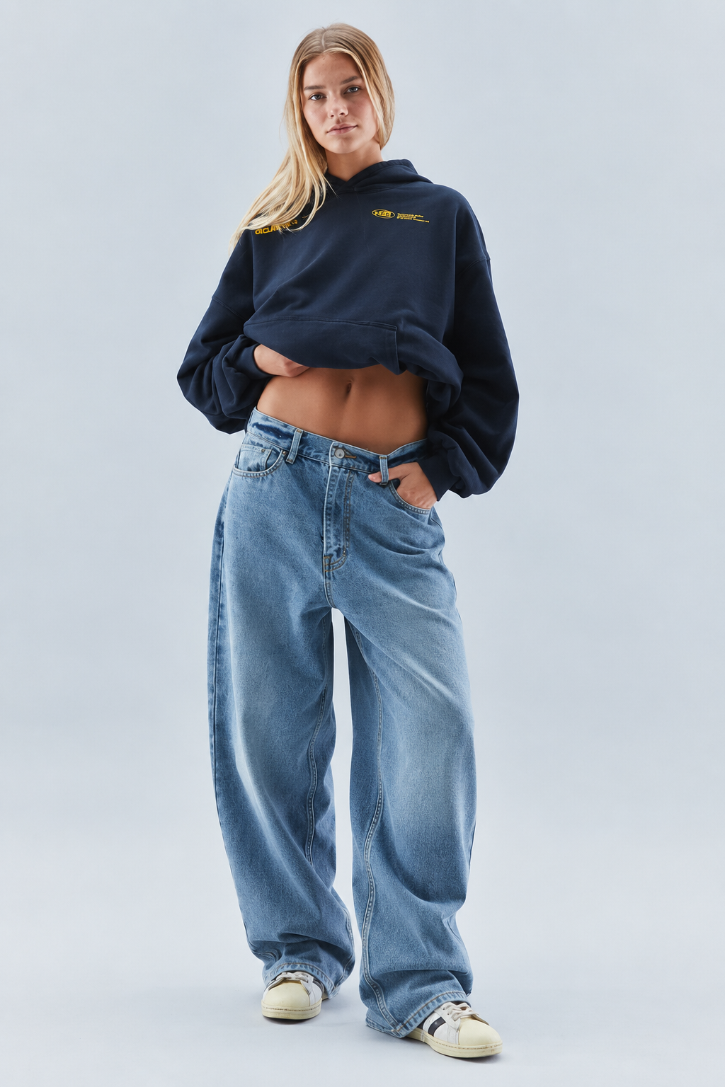 Women's oversized cropped hoodie with hood, long sleeves and front graphic prints