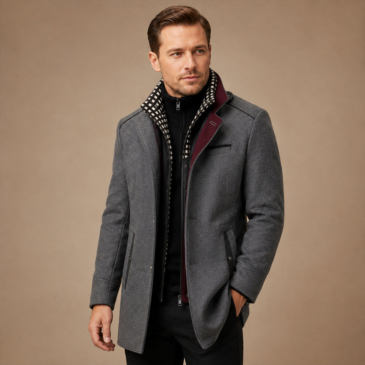 Men's structured trench coat with stand collar and long sleeves