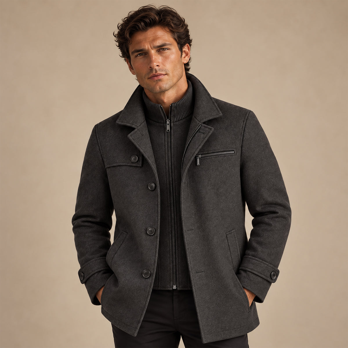Men's structured winter coat with button front, chest zip pocket and adjustable cuffs