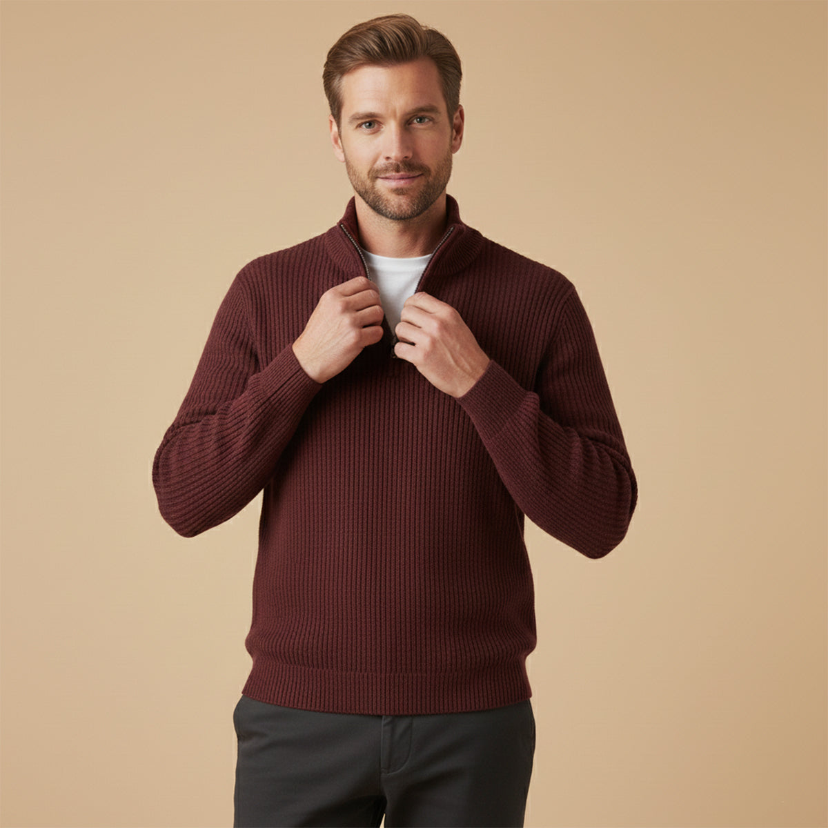Men's ribbed half-zip jumper with high collar and long sleeves