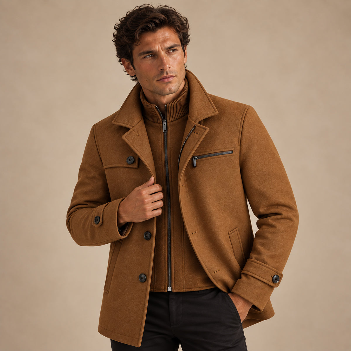 Men's structured winter coat with button front, chest zip pocket and adjustable cuffs