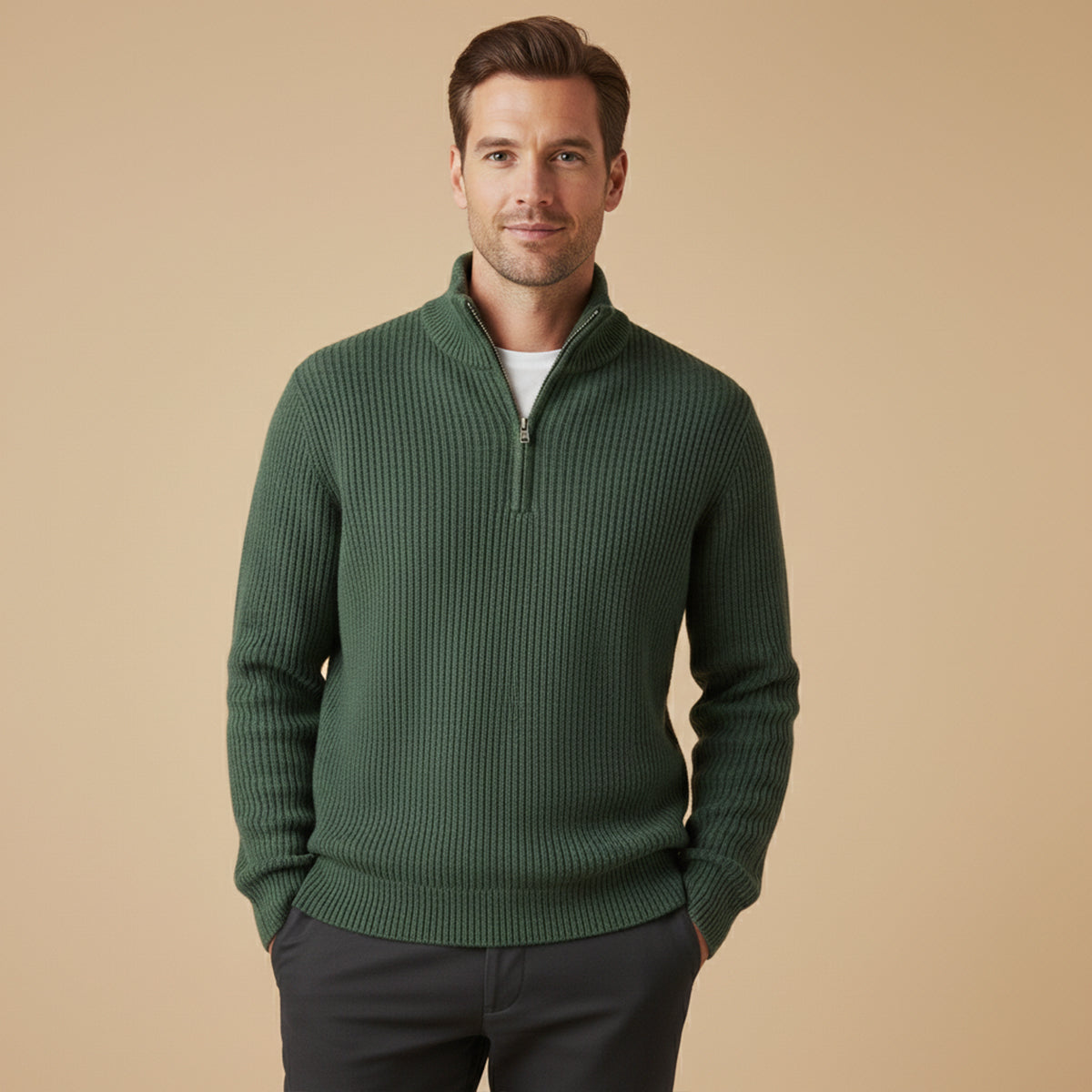 Men's ribbed half-zip jumper with high collar and long sleeves