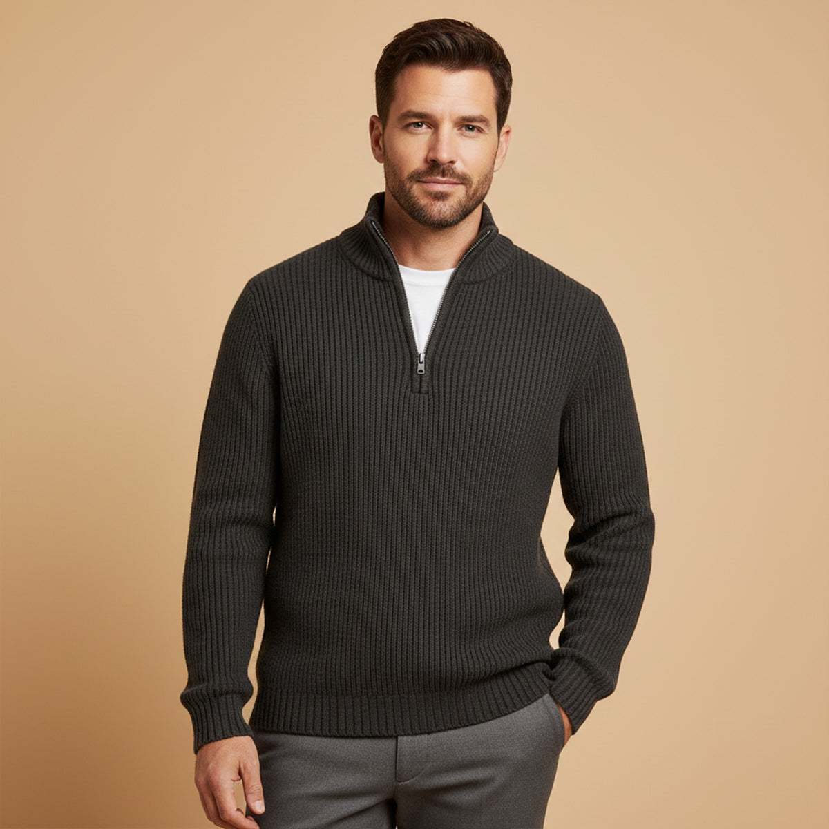 Men's ribbed half-zip jumper with high collar and long sleeves