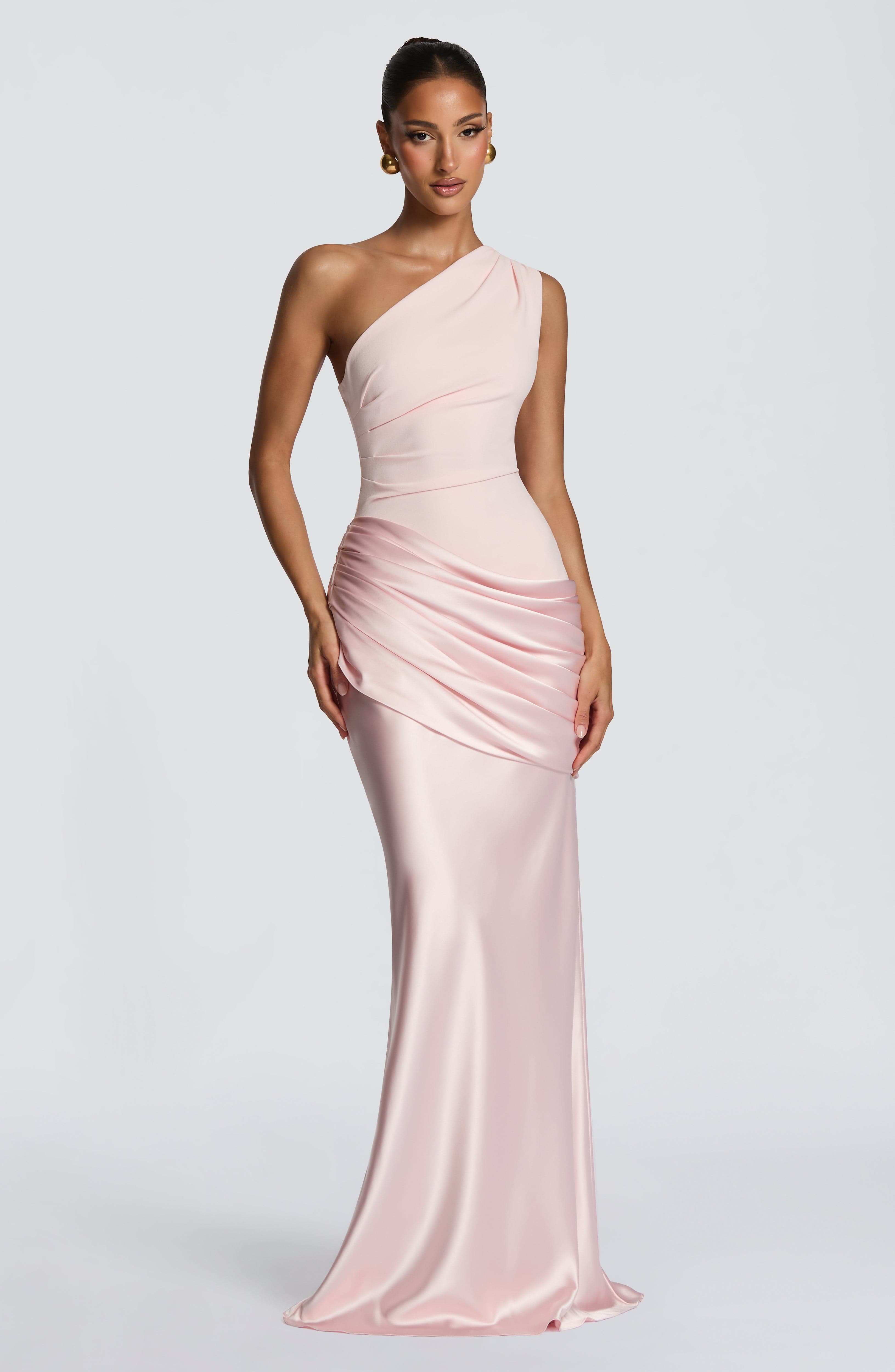 Women's Maxi Dress One-Shoulder Ruched Satin - White
