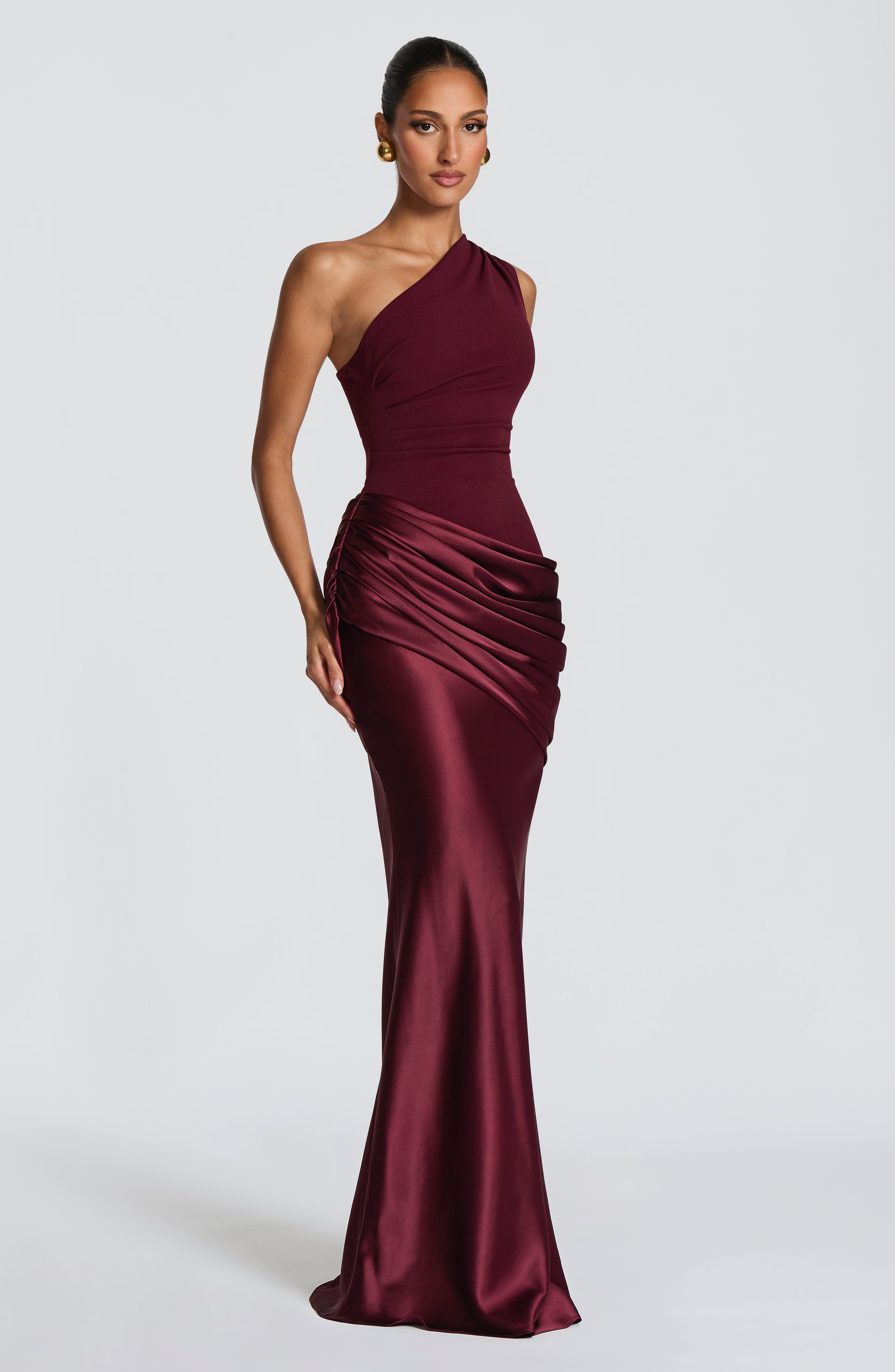 Women's Maxi Dress One-Shoulder Ruched Satin - Pale Pink