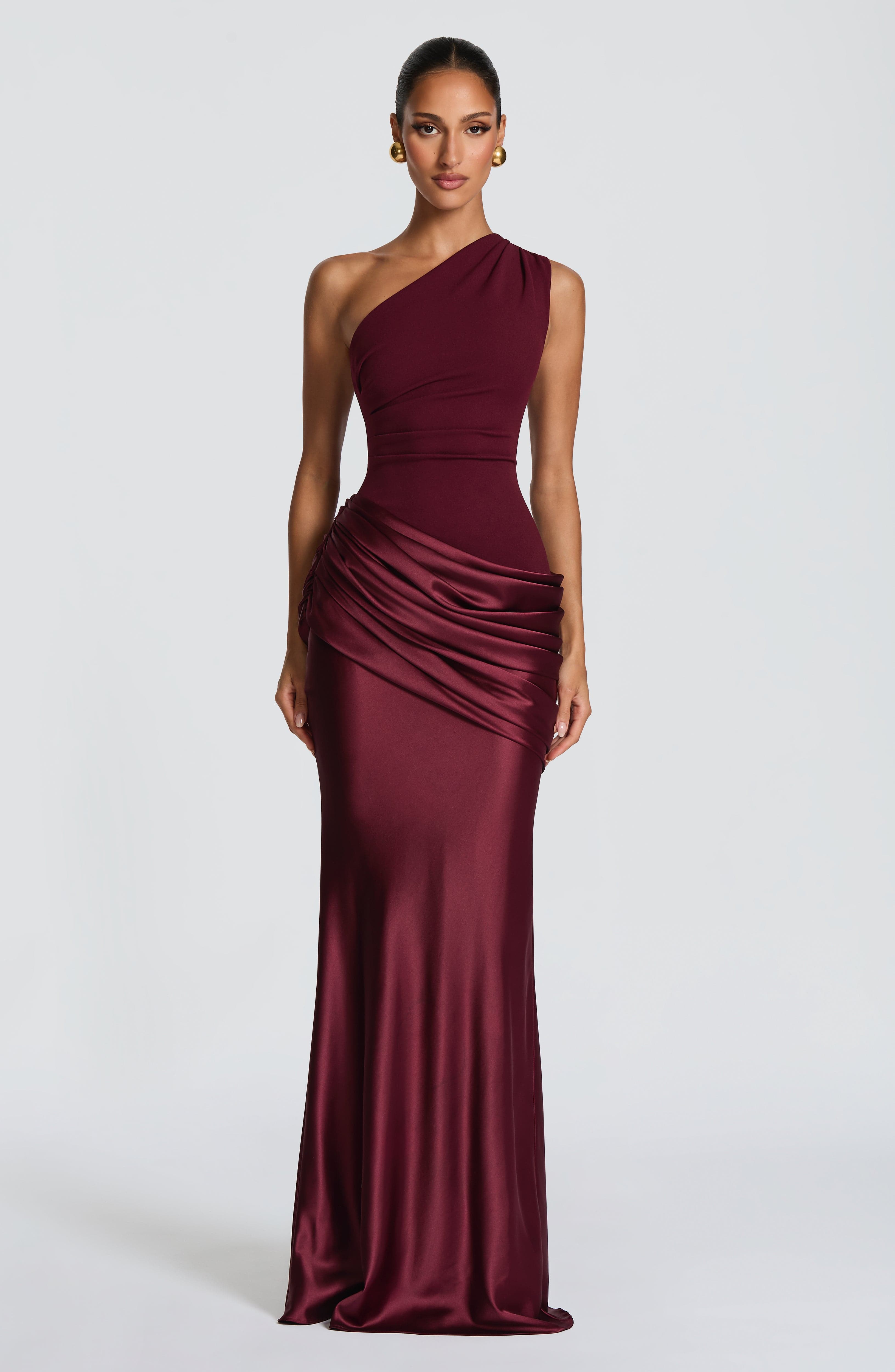 Women's Maxi Dress One-Shoulder Ruched Satin - Cherry Red