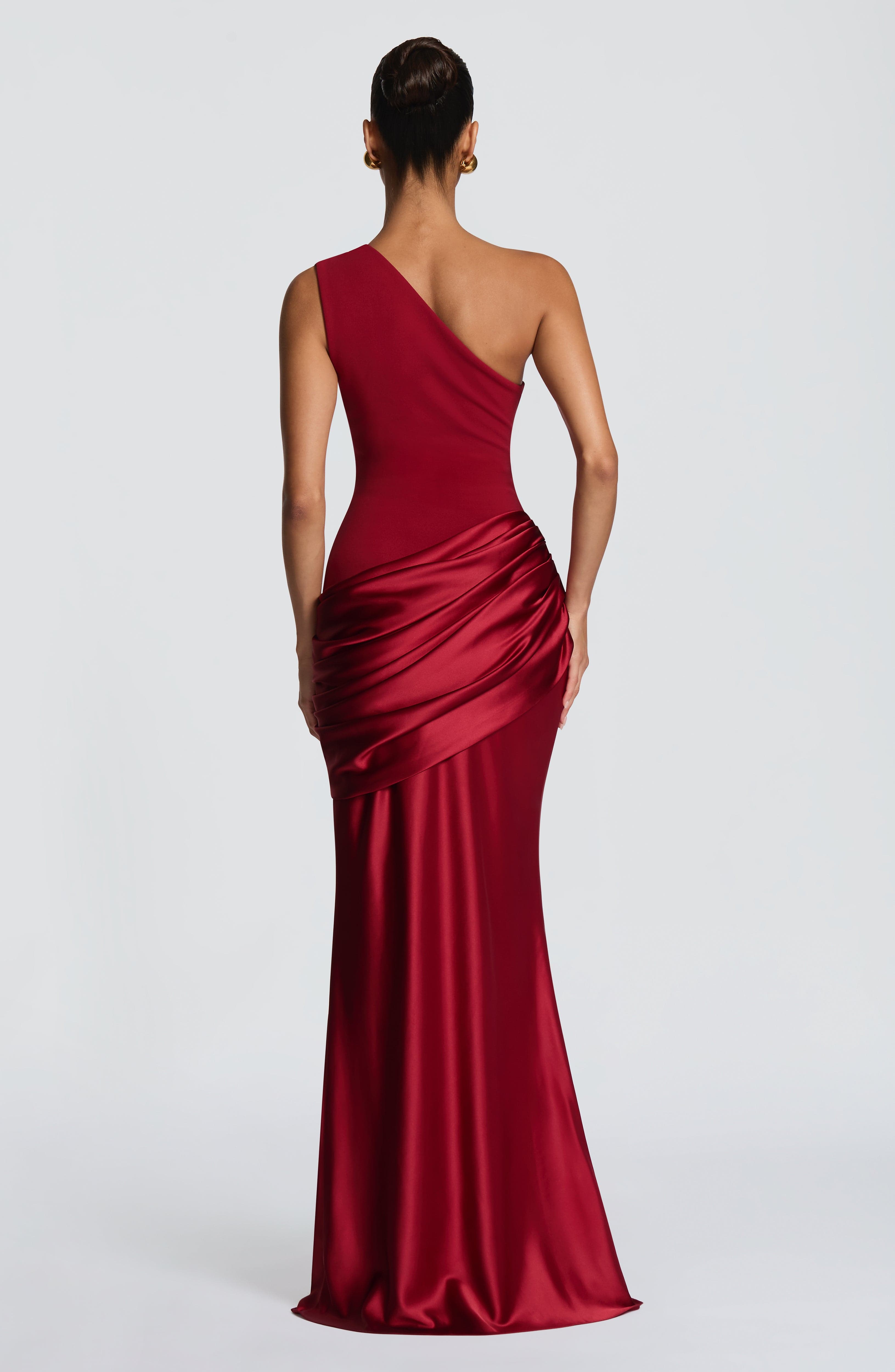 Women's Maxi Dress One-Shoulder Ruched Satin - Deep Red