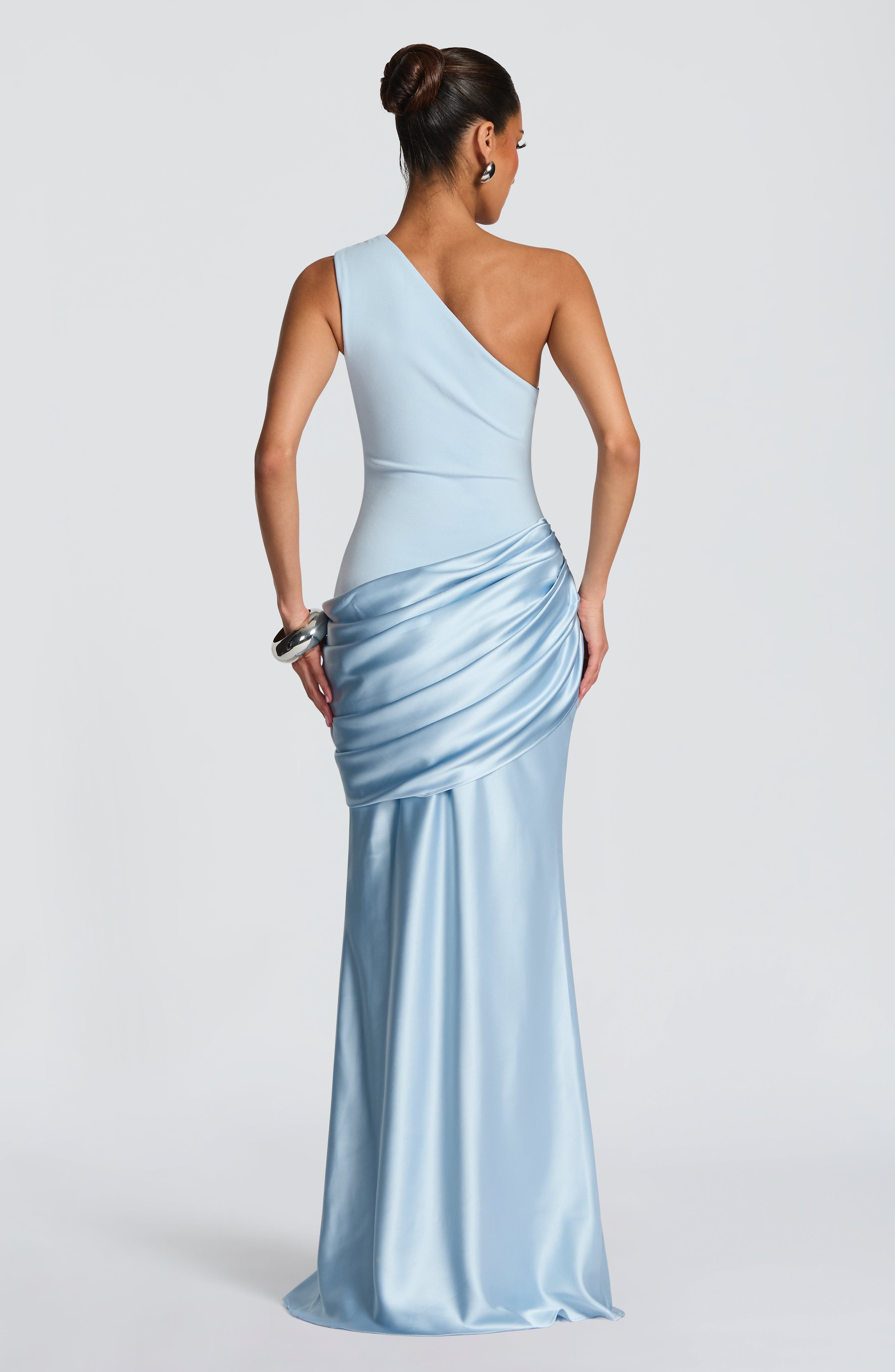 Women's Maxi Dress One-Shoulder Ruched Satin - Blue