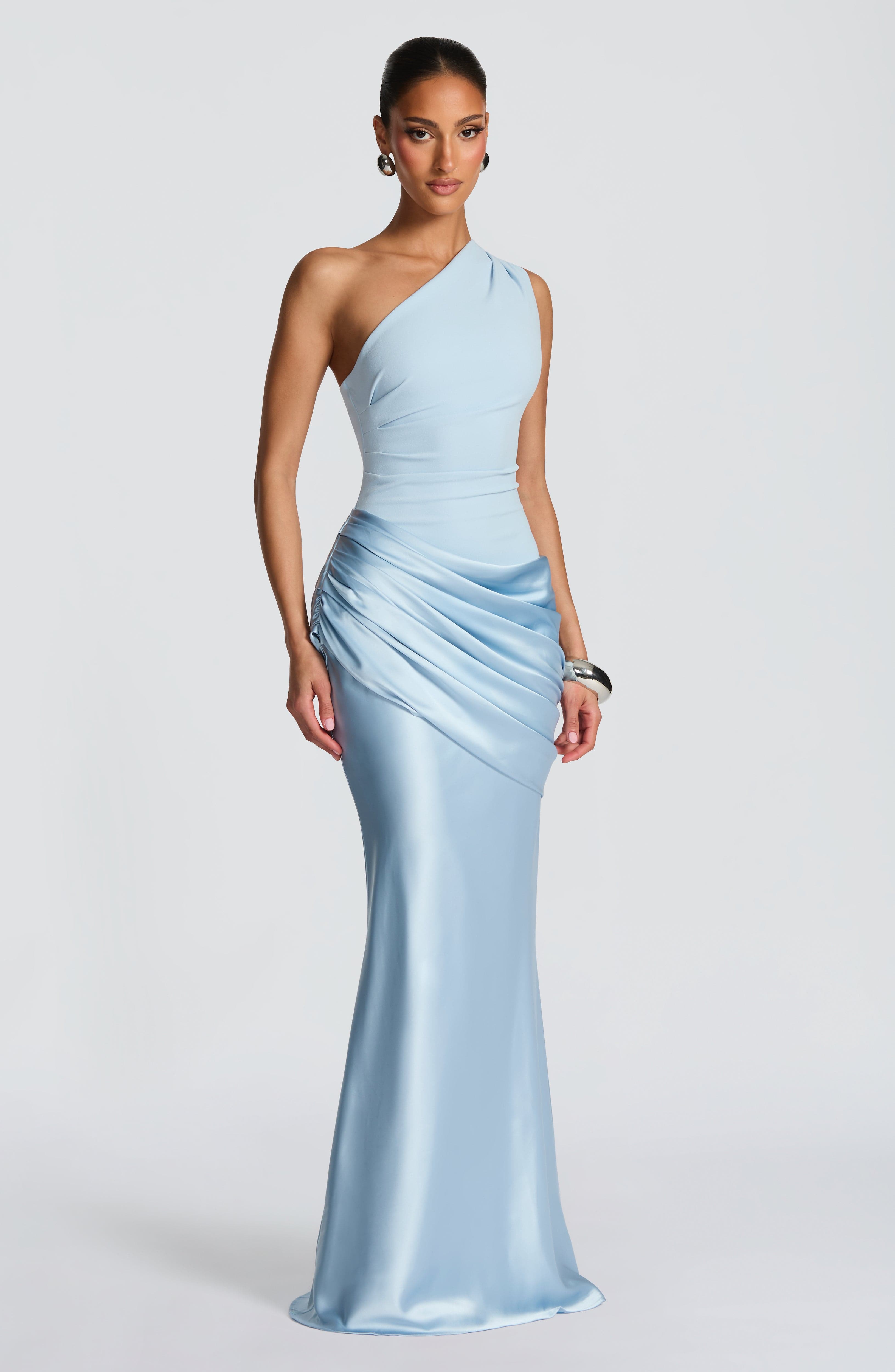 Women's Maxi Dress One-Shoulder Ruched Satin - Blue
