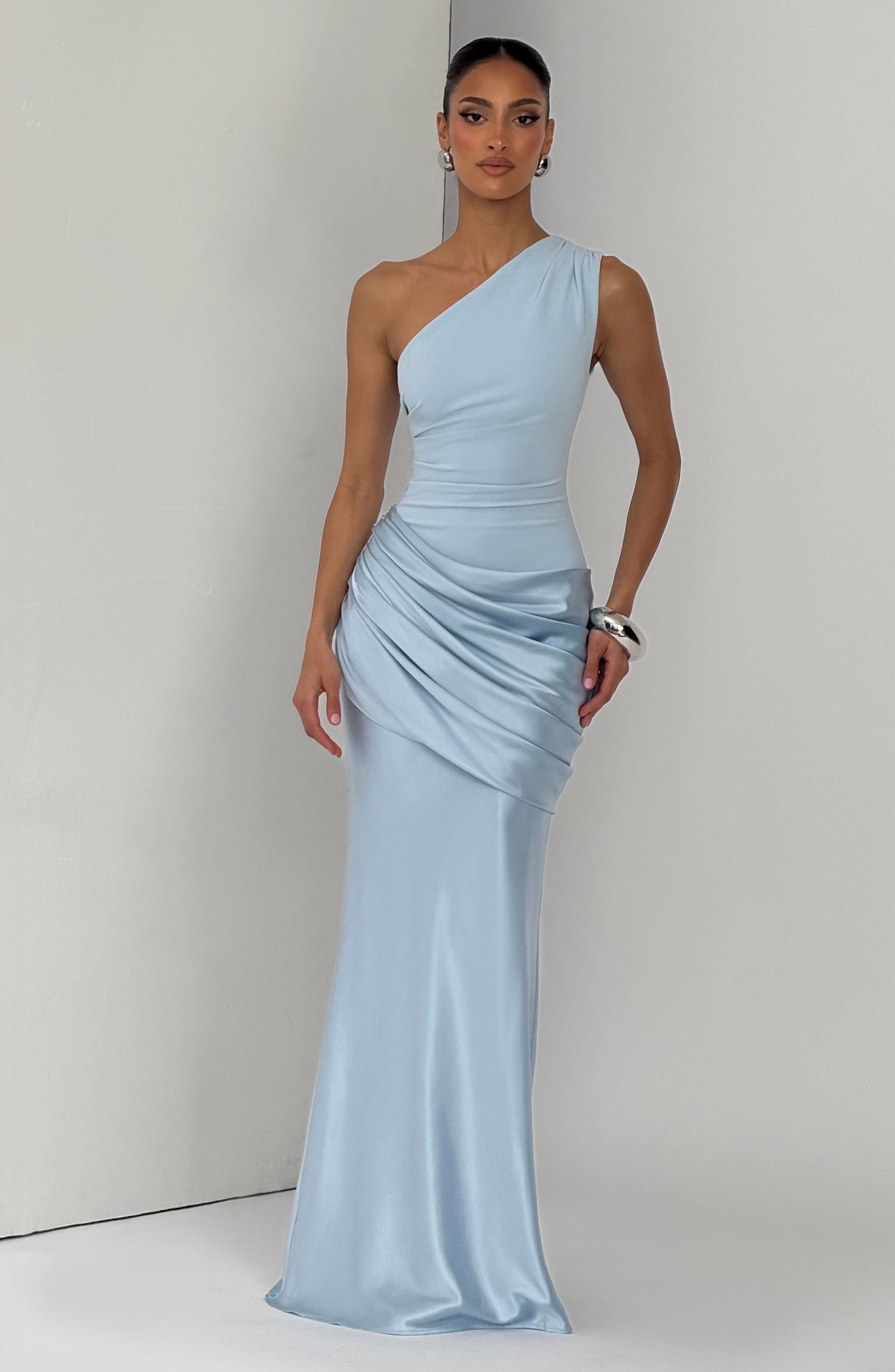 Women's Maxi Dress One-Shoulder Ruched Satin - Blue
