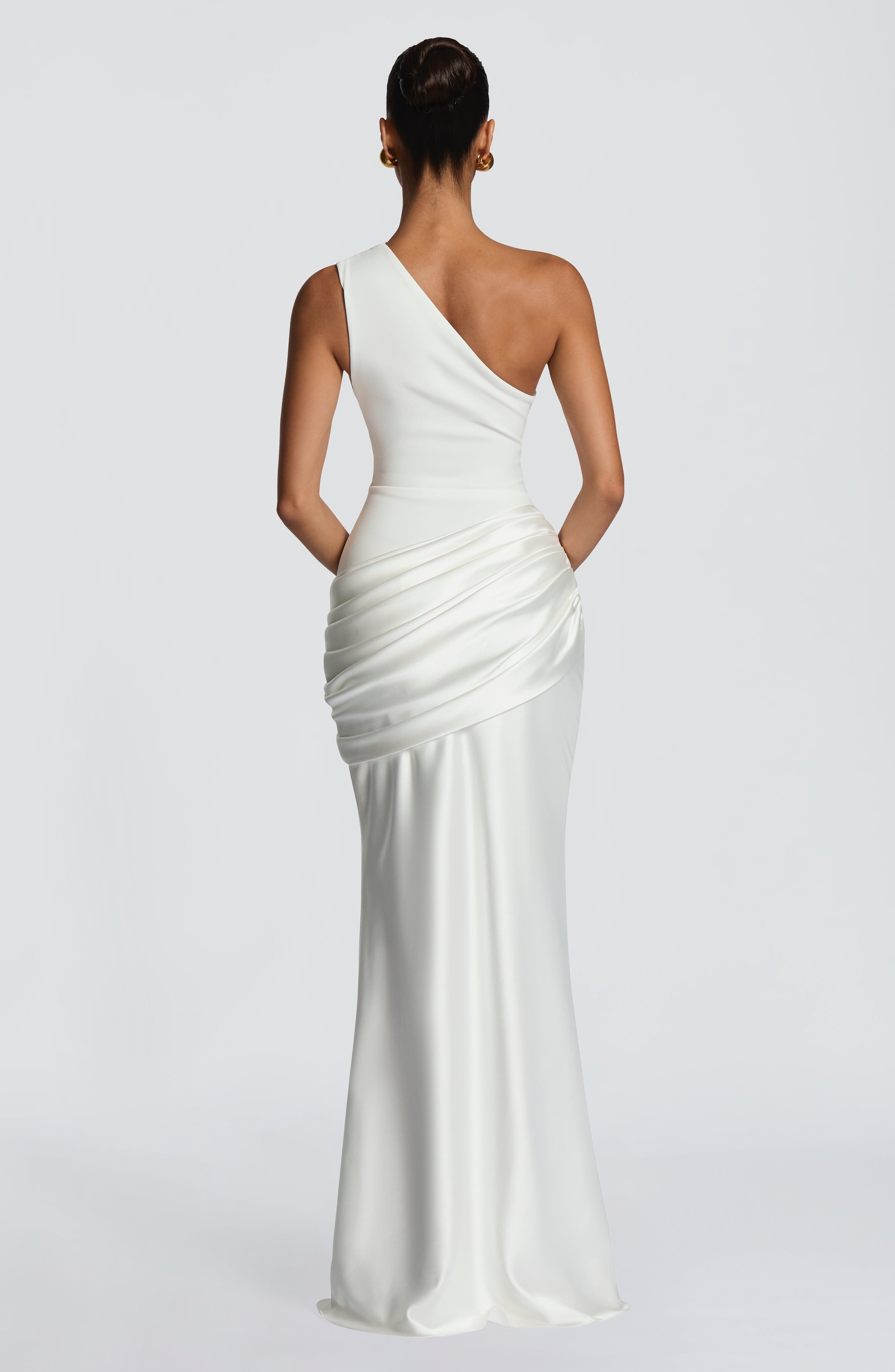 Women's Maxi Dress One-Shoulder Ruched Satin - White