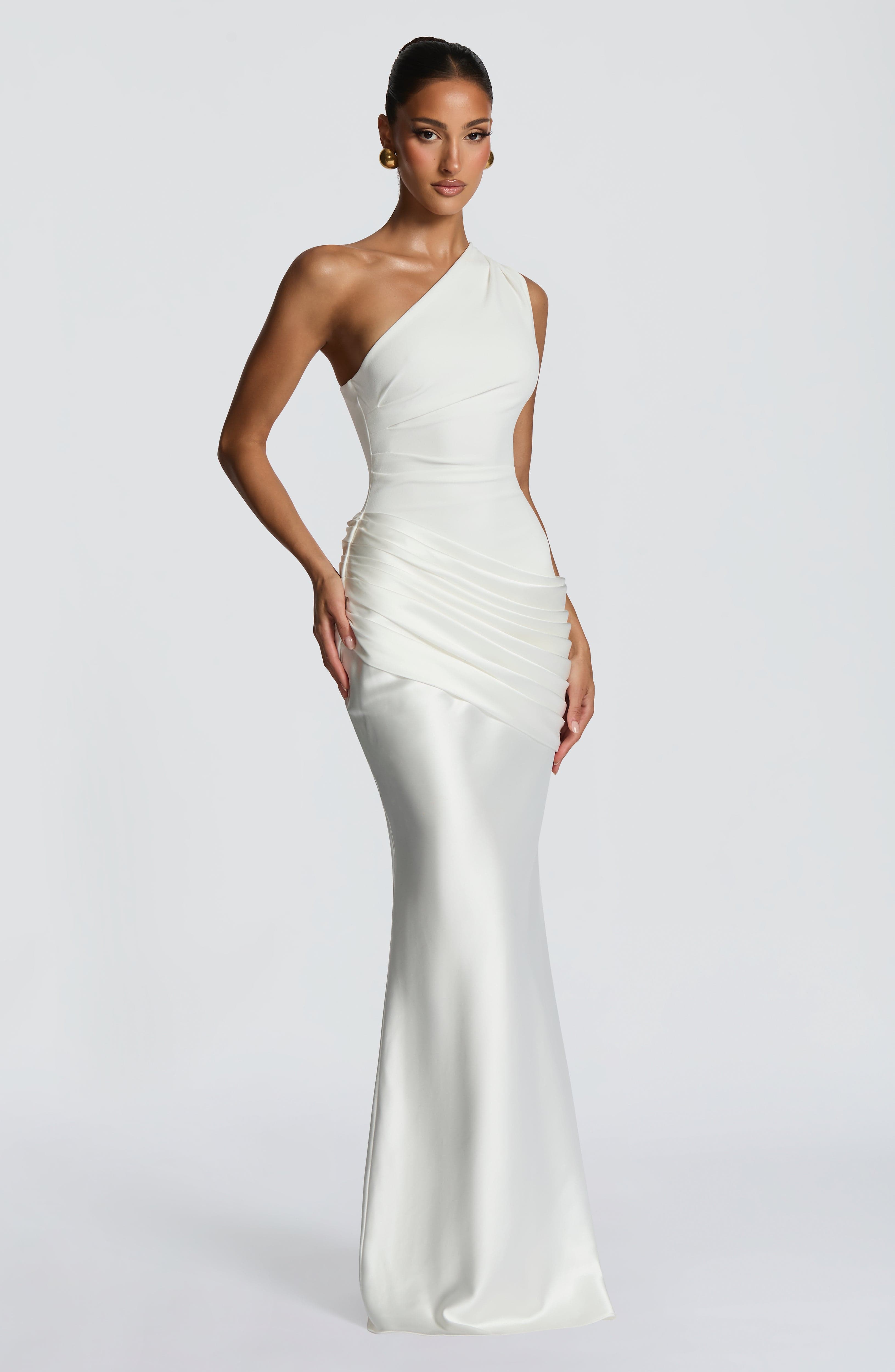 Women's Maxi Dress One-Shoulder Ruched Satin - White