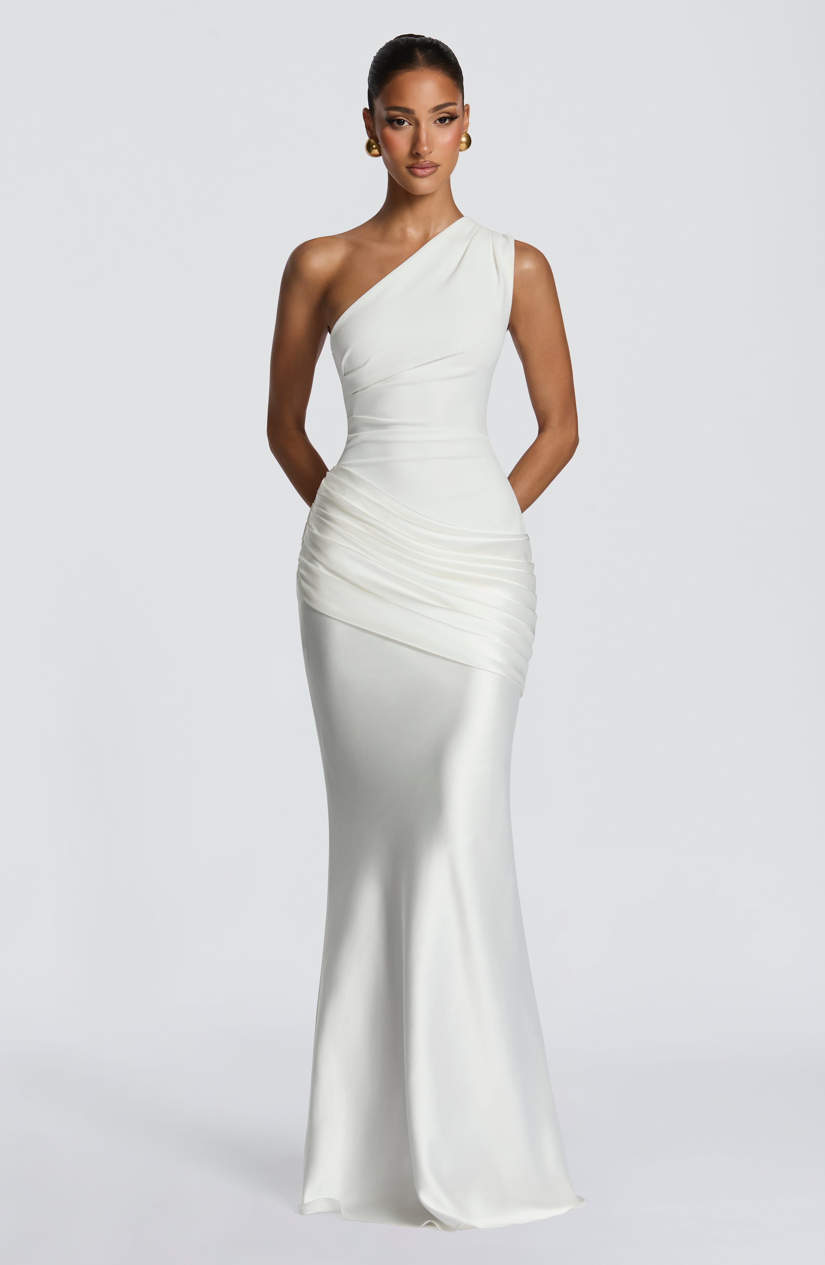 Women's Maxi Dress One-Shoulder Ruched Satin - White
