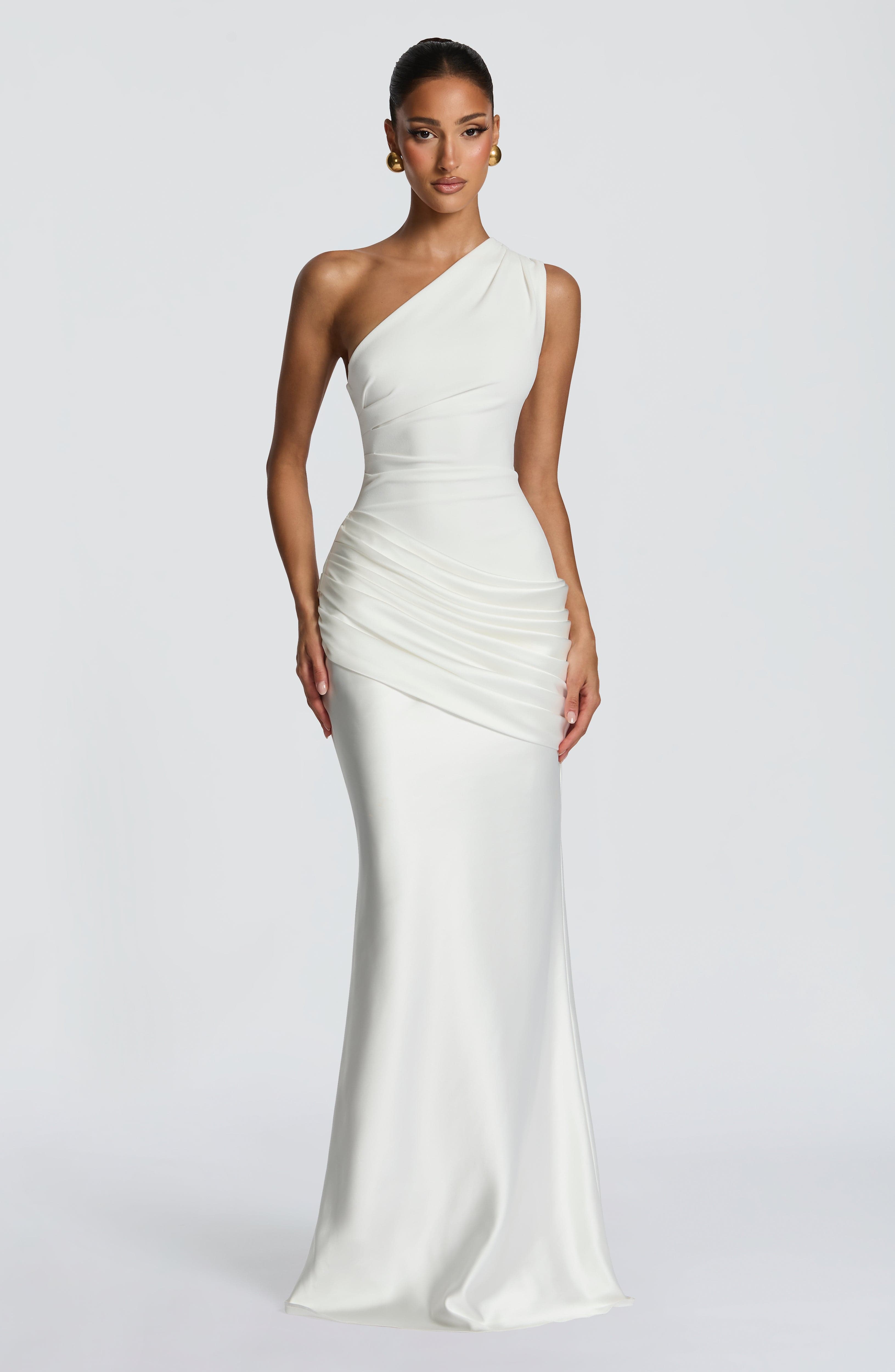 Women's Maxi Dress One-Shoulder Ruched Satin - White
