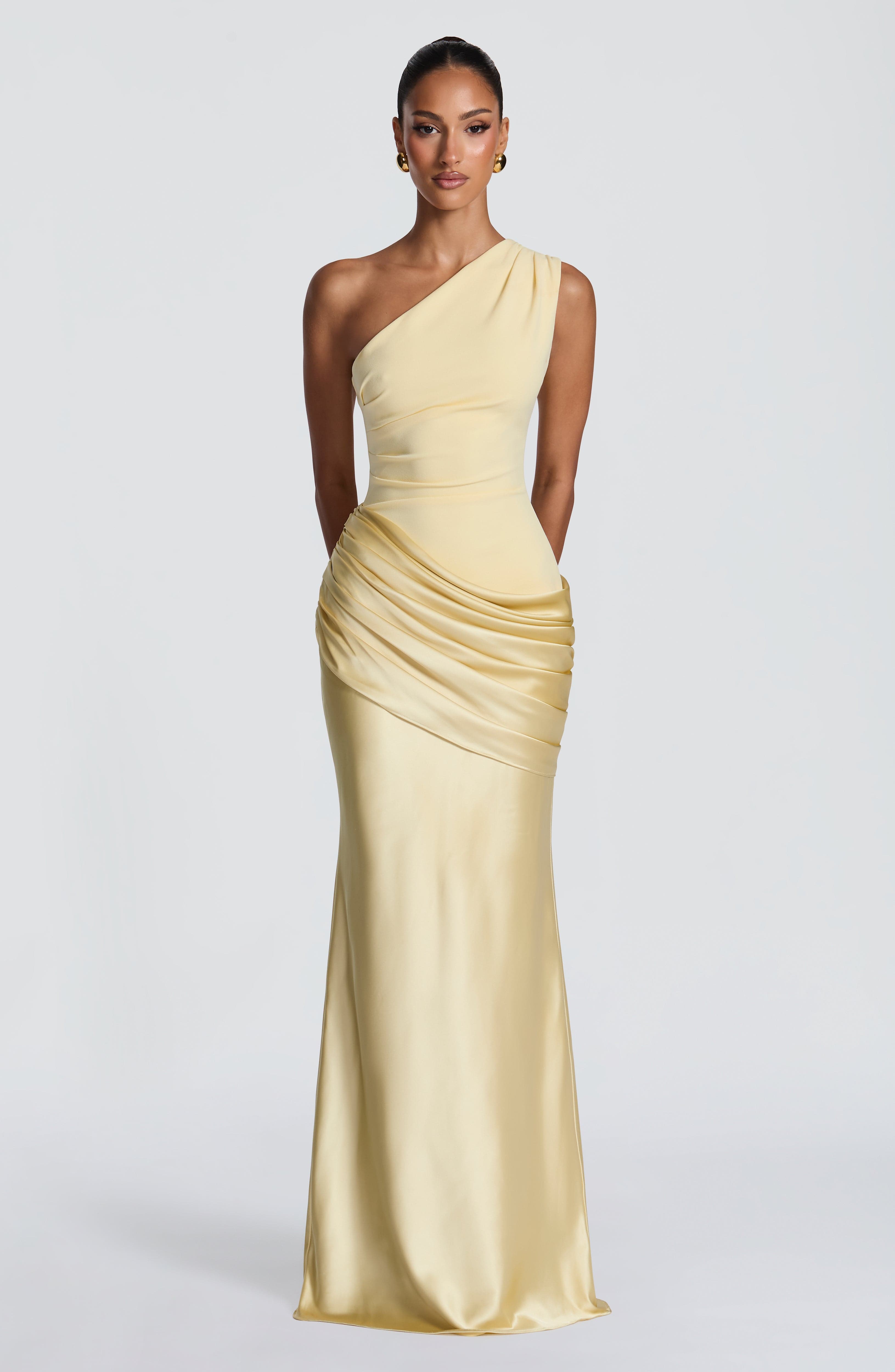 Women's Maxi Dress One-Shoulder Ruched Satin - Yellow