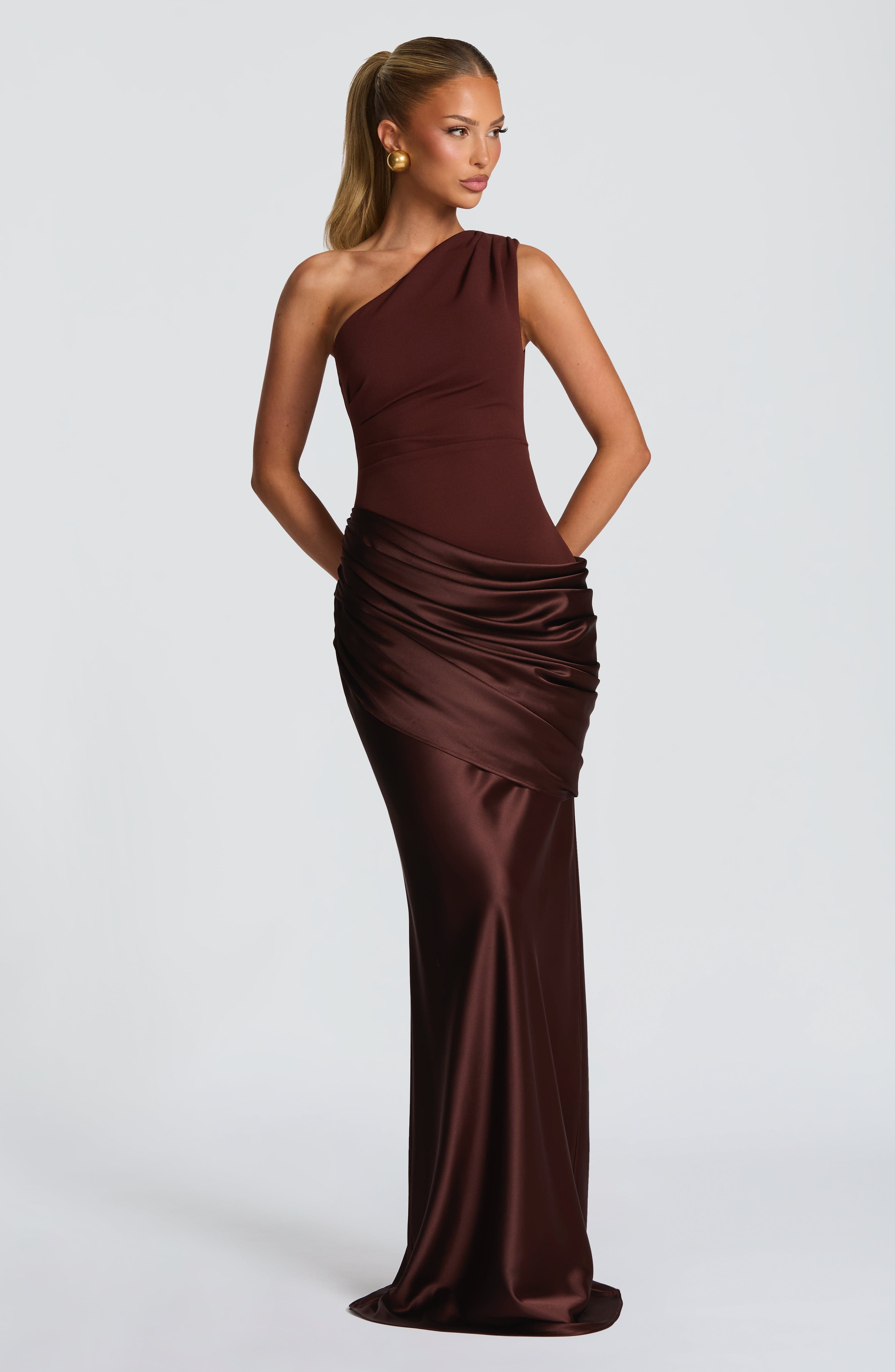 Women's Maxi Dress One-Shoulder Ruched Satin - Blue