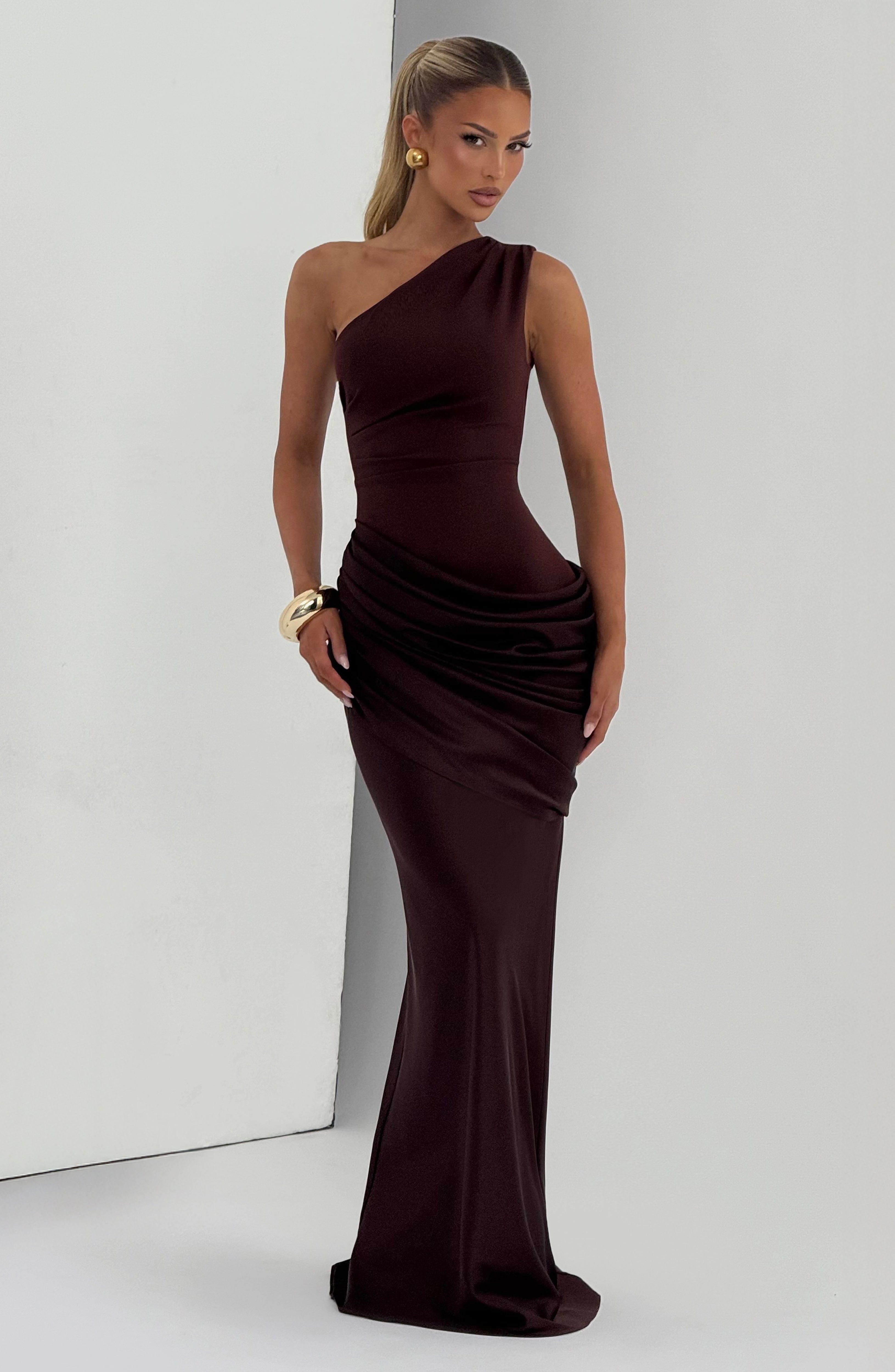 Women's Maxi Dress One-Shoulder Ruched Satin - Blue
