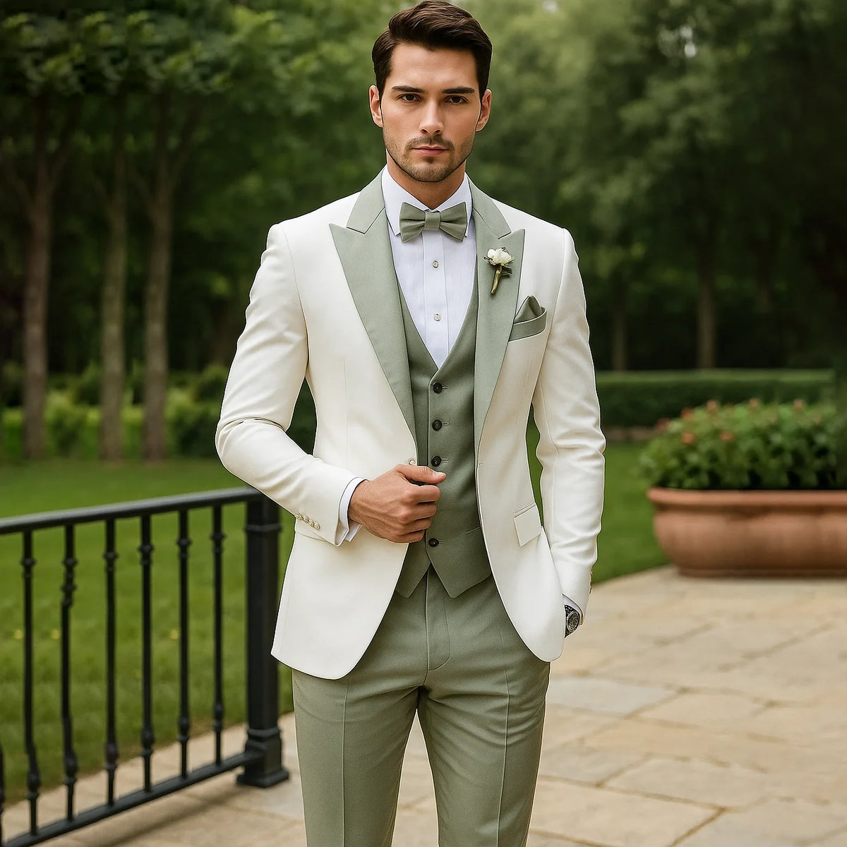Men's three piece suit with notched lapel jacket, V-neck waistcoat and matching trousers