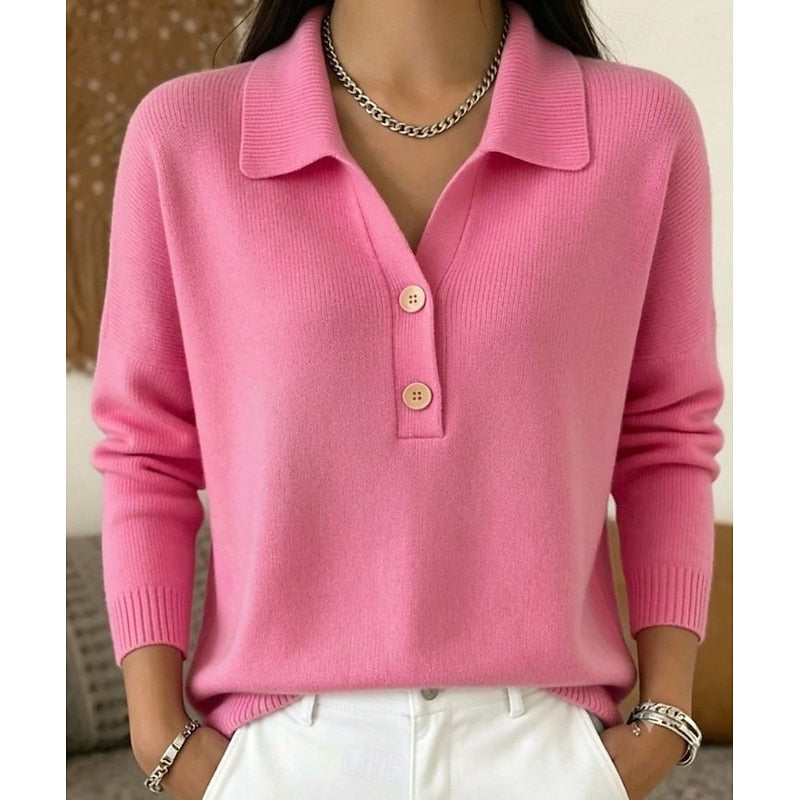 Women's collared button pullover sweater with long sleeves and ribbed trims