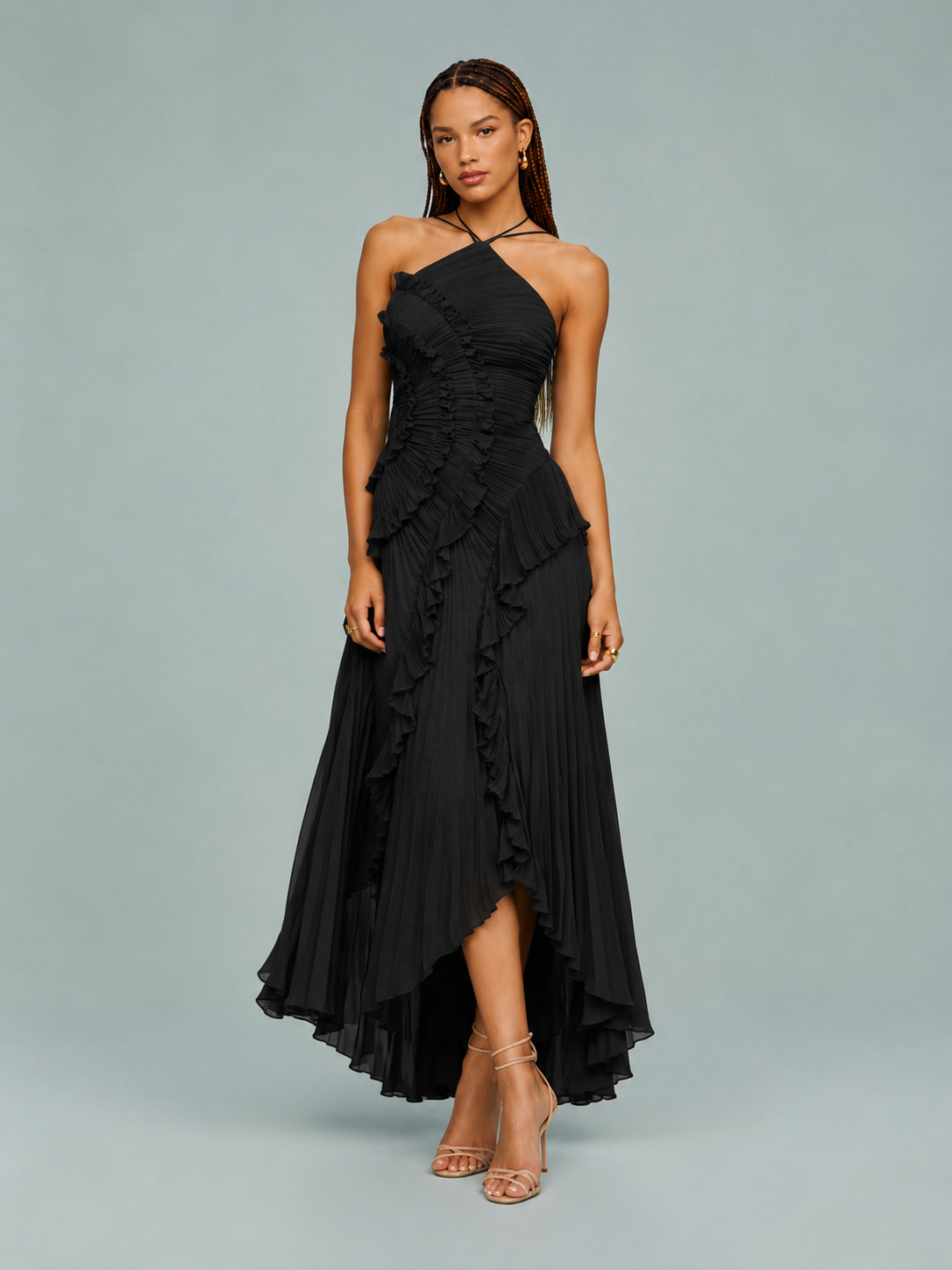 Women's Maxi Dress Pleated Ruffle Halter Neck