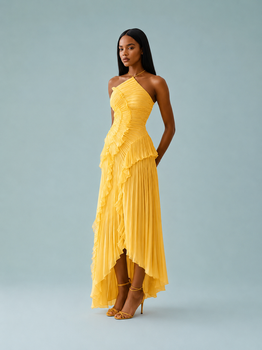 Women's Maxi Dress Pleated Ruffle Halter Neck